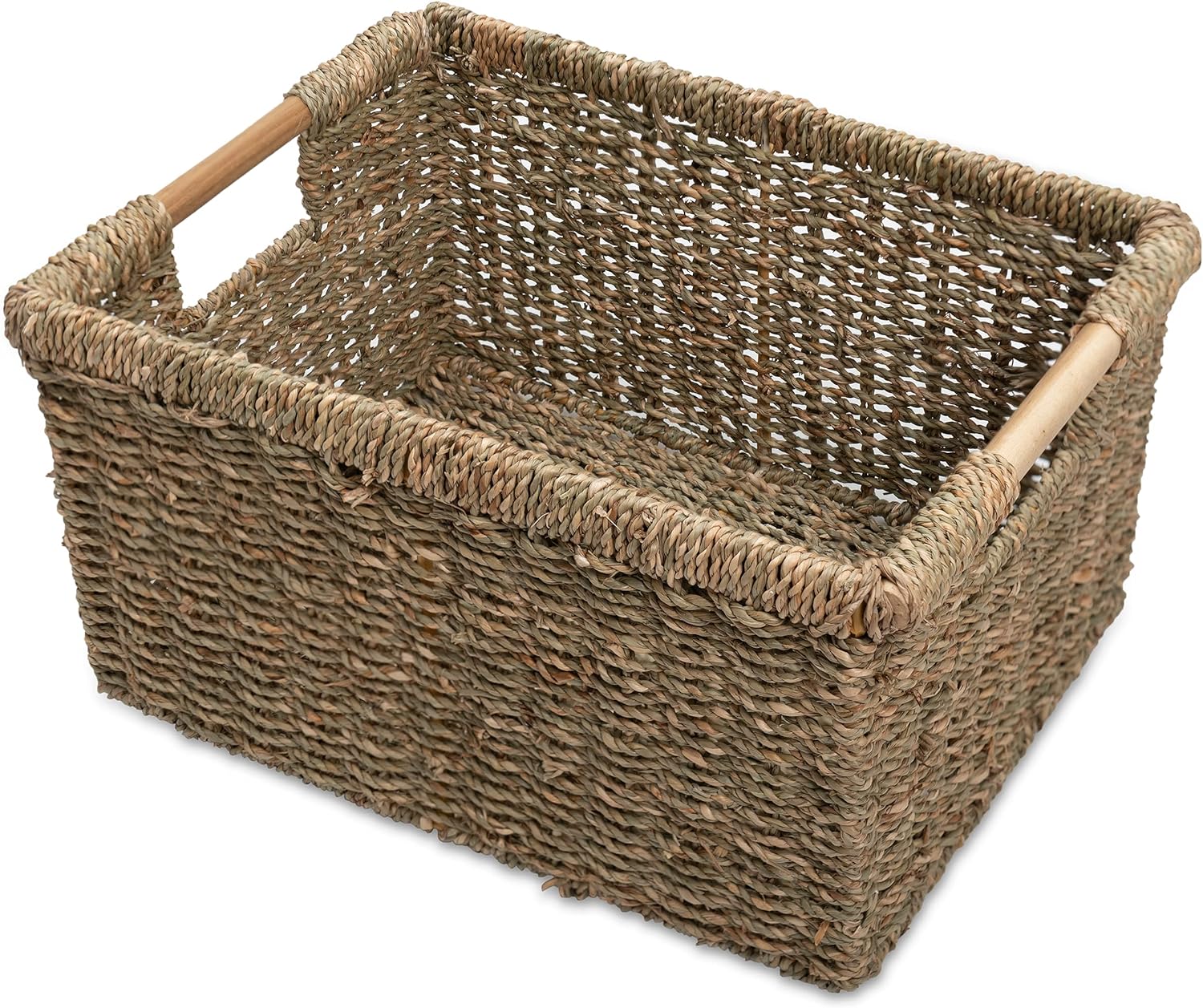 Large Wicker Storage Basket with Wooden Handles, Seagrass Basket for Shelves, Natural Wicker Bin With Handle for Storage 14.5 x 10.3 x 7.5 inches