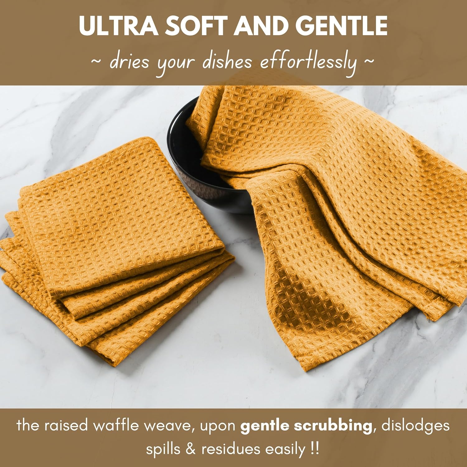 Native Fab Cotton Kitchen Towel with Hanging Loop 16x26 inches, 6-Pack, Waffle Weave Kitchen Towels for Cleaning Drying, Washcloths Soft & Absorbent Cloth Rags, Bar Towel, Dish Cloth, Mustard Yellow