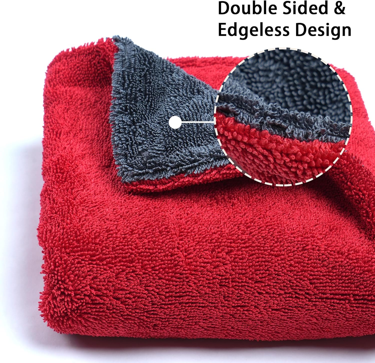 Greenfound Microfiber Towel for Cars, 1000GSM Car Drying Towel, Double Twist Pile & Edgeless Design, No Streaks, Scratches, or Water Spots, Soft and Absorbent, 18"×24", Red&Grey
