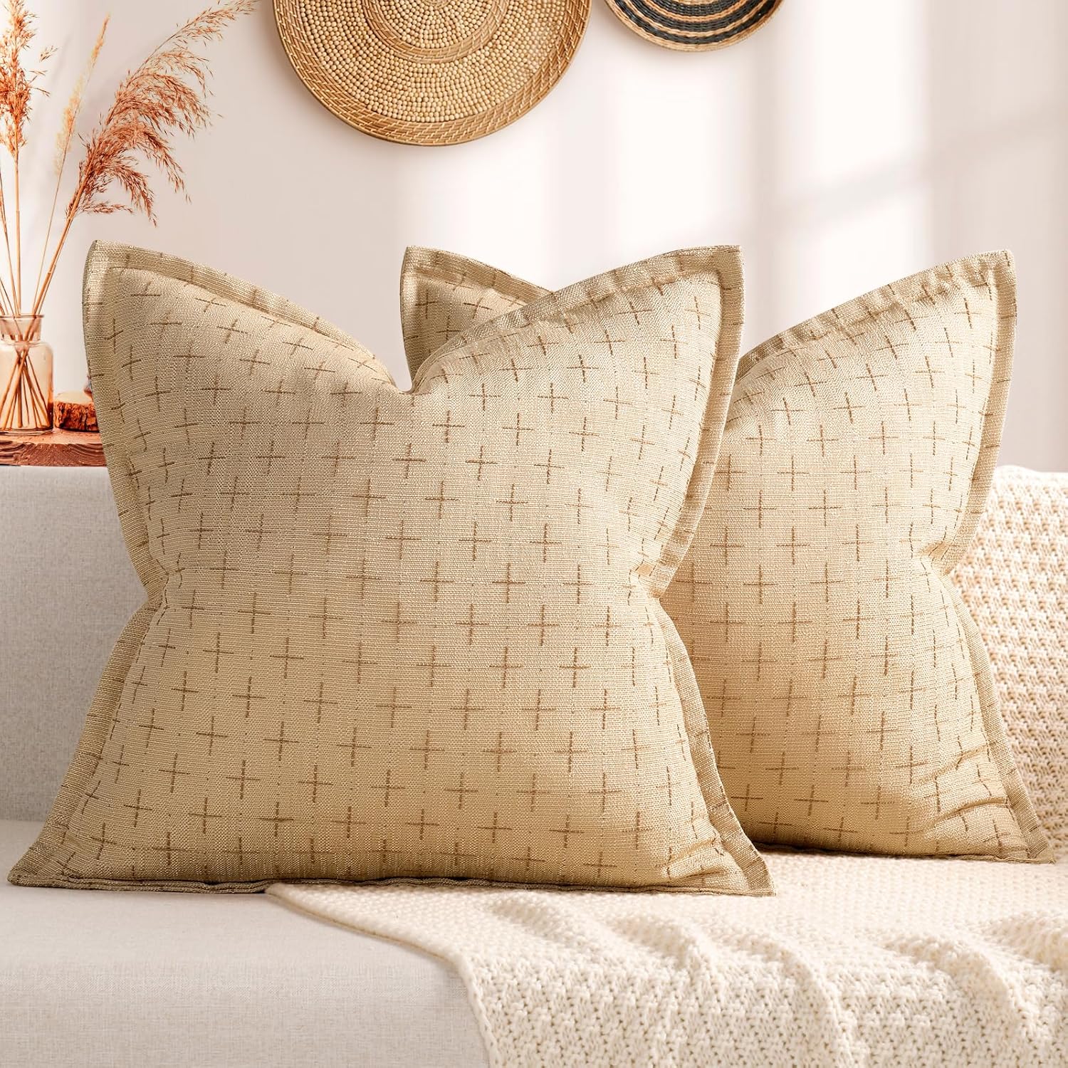 ZWJD Pillow Covers 22x22 Set of 2 Soft Polyester Textured Pillow Covers with Stylish Flange Edge Cozy Farmhouse Throw Pillows for Couch Bed Sofa Living Room