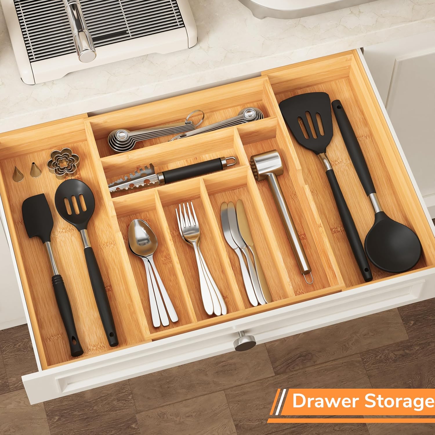 BAMEOS 3" Deepth Expandable Drawer Organizer, Deep Flatware Organizer, Adjustable Silverware Organizer, Bamboo Drawer Organizer for Kitchen, Bathroom (Natural)