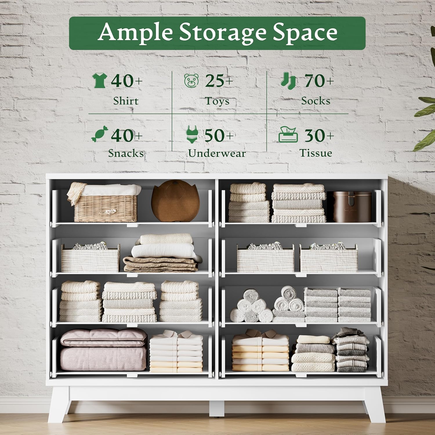 Fluted Dresser with 8 Drawers, 54" Wide Modern Chest of Drawers with Metal Handle, Wooden Dresser TV Stand, Wood Closet Clothes Storage Organizer for Bedroom, Living Room, Hallway, Solid White