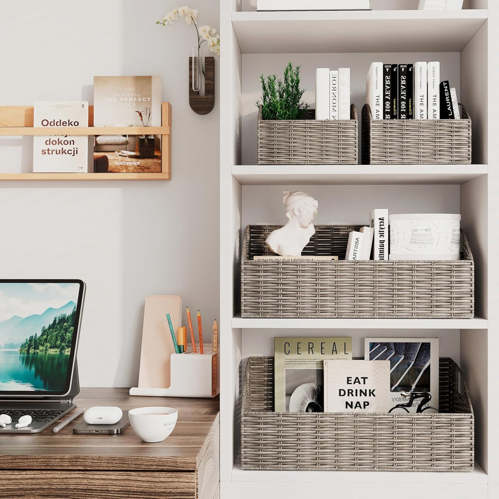Ollieroo Rattan Storage Baskets, Handwoven Wicker Storage Bins with Built-in Handles, Storage Container Baskets for Shelves, Bedroom, Bathroom, Laundry Room or Kitchen(Grey)