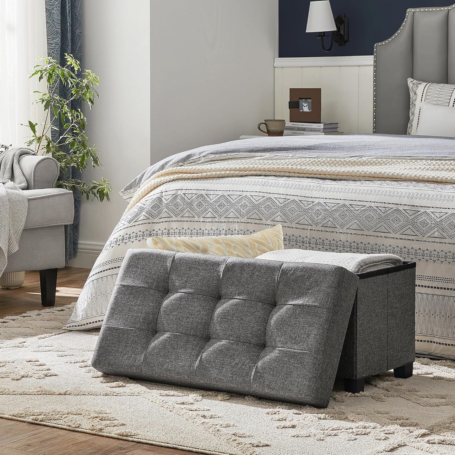 SONGMICS Storage Ottoman Bench, Foldable Foot Rest with Legs, 15 x 30 x 15.2 Inches, End of Bed Bench, Storage Chest, Load up to 660 lb, for Living Room, Bedroom, Entryway, Slate Gray ULSF16GYZ