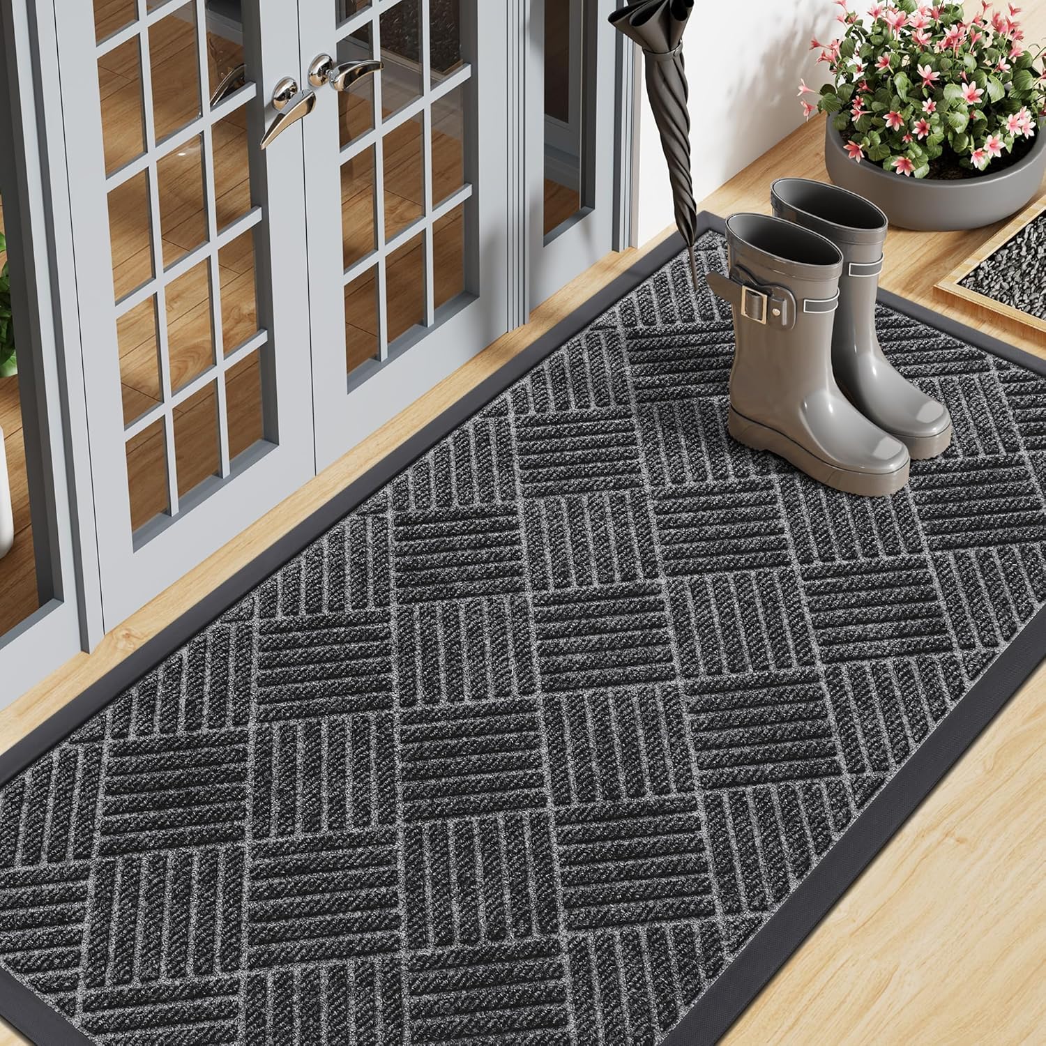 Smiry Front Door Mat Outside Entrance, Heavy Duty Outdoor Indoor Natural Rubber Doormat, Non Slip, Trap Dirt and Moisture, Easy Clean, Low Profile Patio Porch Entryway Mat, 47x23, Light Grey