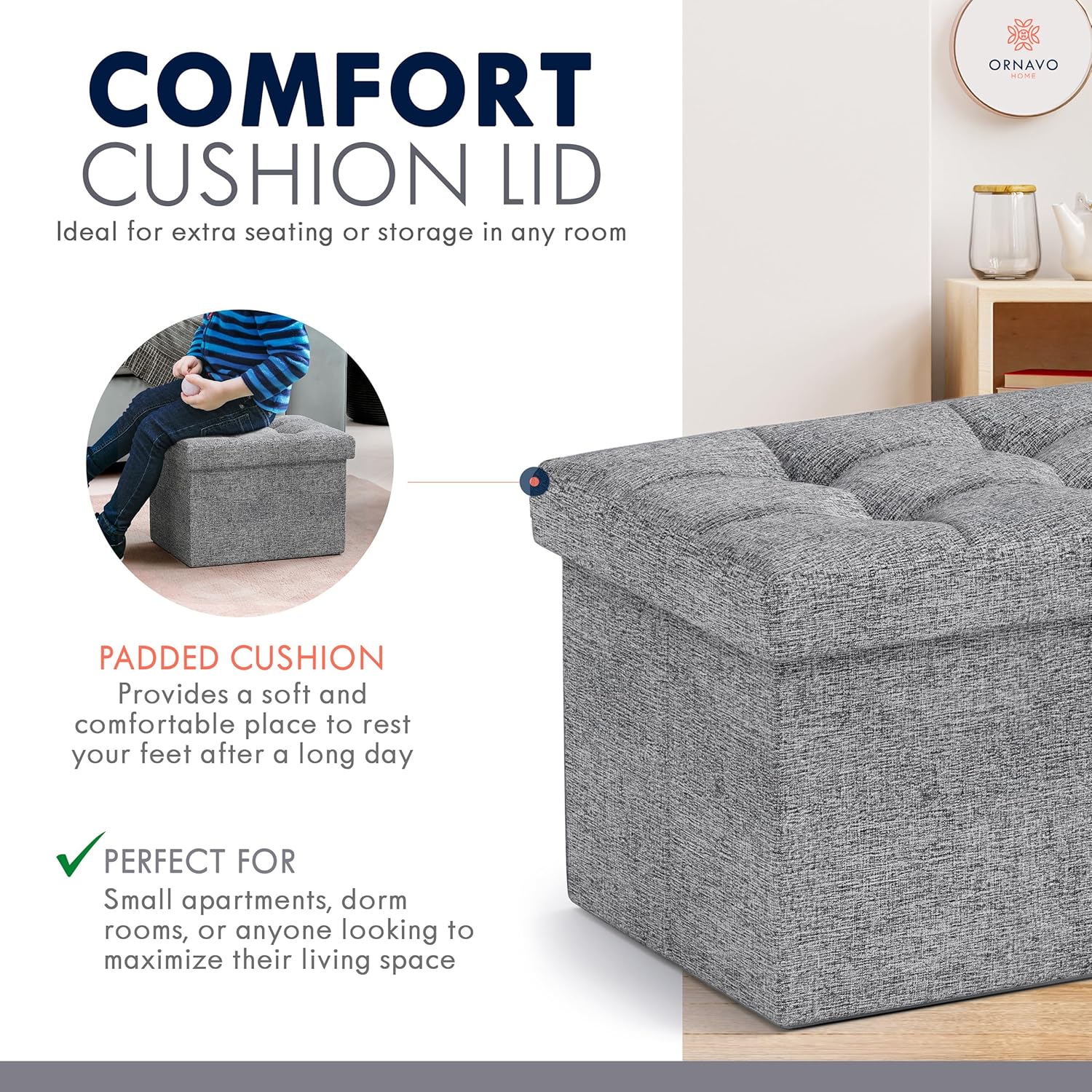 Ornavo Home Small Storage Ottoman Foldable Collapsible Rectangle Linen Ottoman Foot Rest Stool Seat, for Living Room, Bedroom, Home Office, Dorm - 12 x 16 x 12, Gray