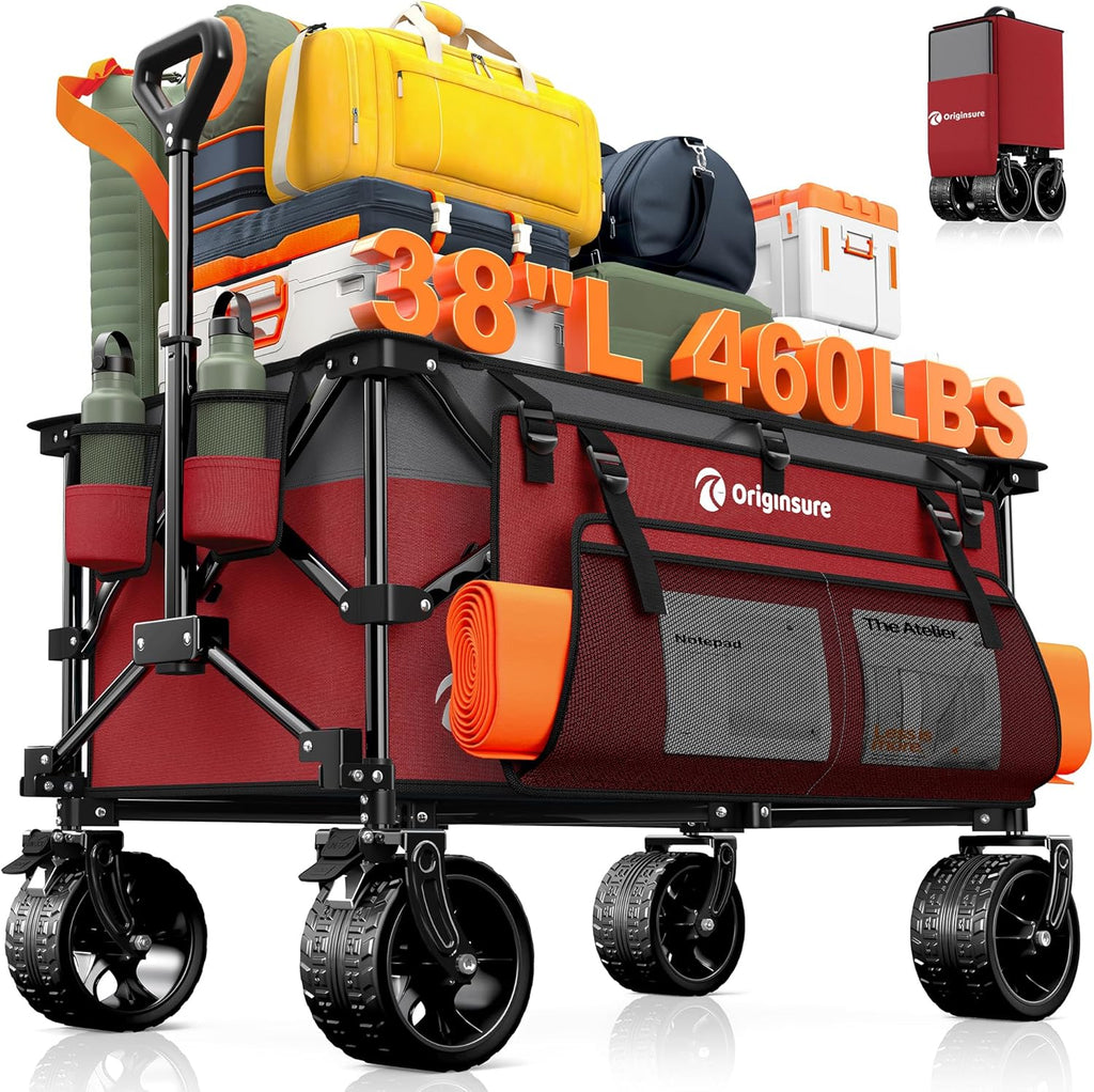 220L Collapsible Wagon Cart Foldable, 460lbs Load Capacity Heavy Duty Folding Beach Wagons with Big All-Terrain Wheels, Utility Carts for Groceries, Camping, Sports - Grey&Burgundy