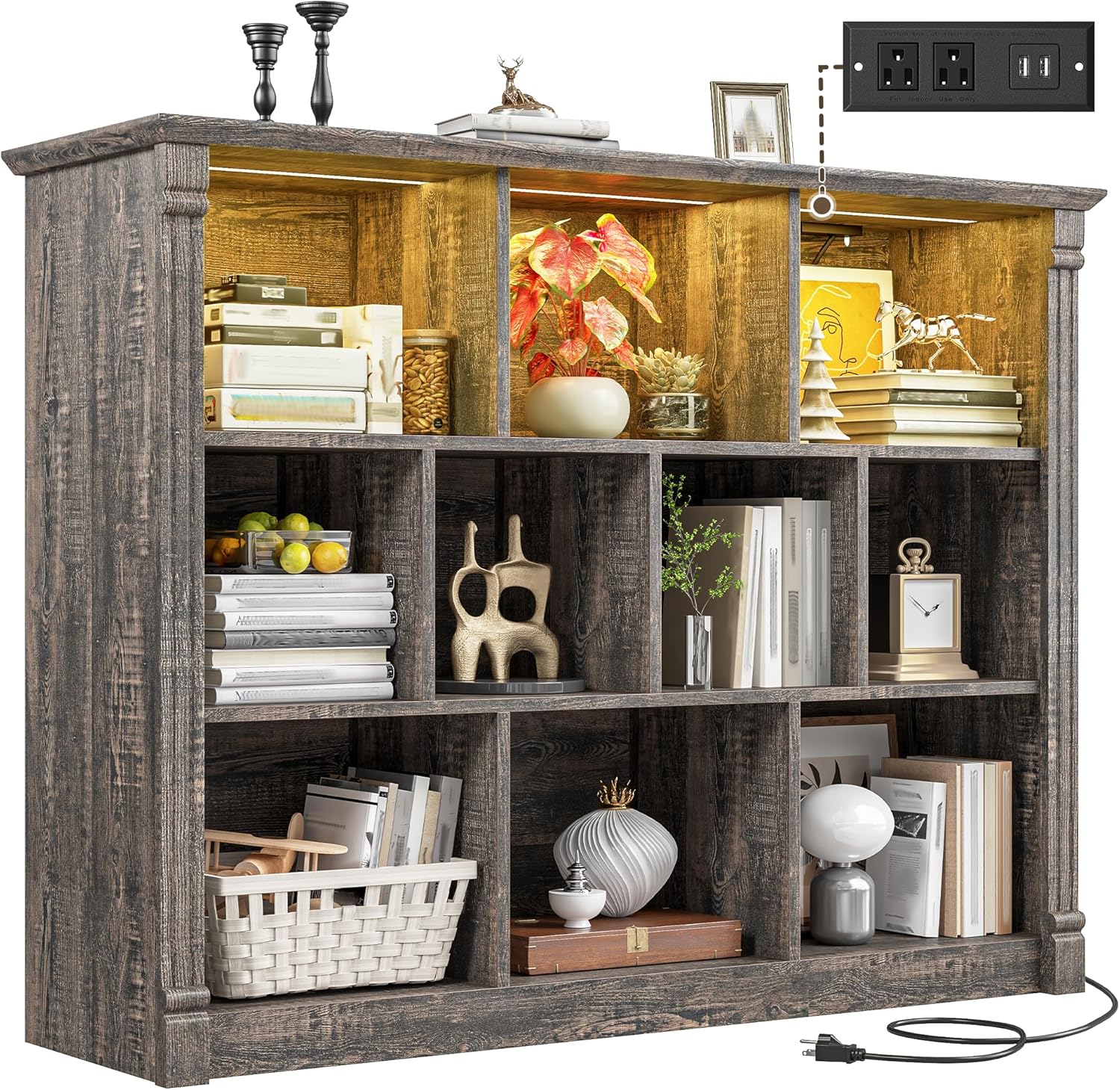 EnHomee 10 Cube Storage Organizer with LED Light and Charging Station Wood Cube Shelf Display Cabinet for Bedroom Living Room,Office,Black Oak