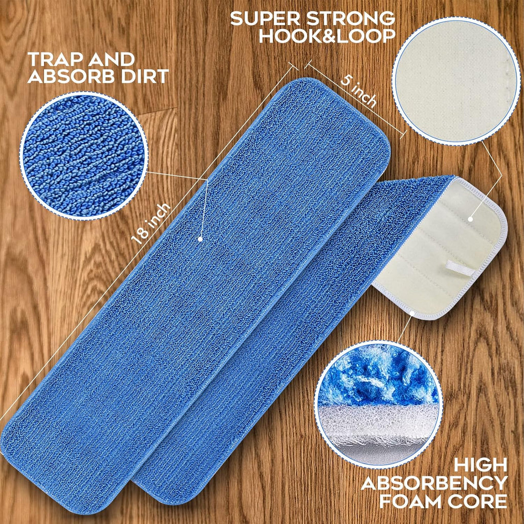 Matthew 18'' Microfiber Spray Mop Replacement Pads Heads for Wet Dry Reusable Mops Floor Home Commercial Cleaning Refills, Machine Washable Fits Compatible with Bona Mop&Most Spray Mops Blue (3 Pack)