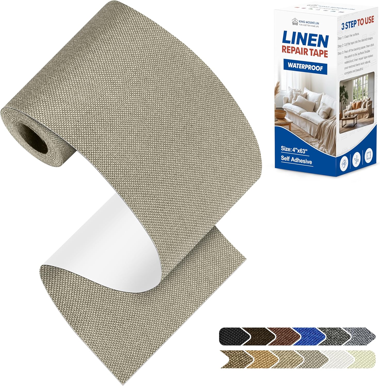 KING MOUNTAIN Linen Repair Patches, Self-Adhesive Fabric Patches, 4 X 63 inch Extra Size, Multi Color, Can be Used for Sofa Repair and Linen Clothes Repair（Khaki1.0