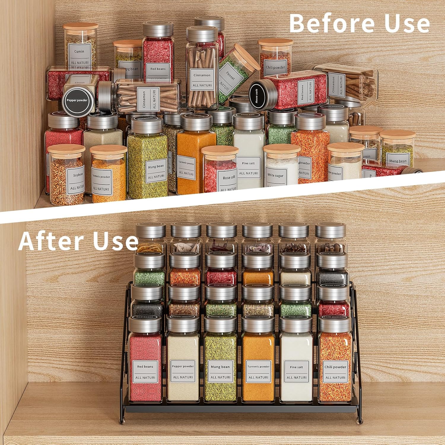 RCHYFEED Spice Rack Organizer for Cabinet Pantry,4 Tier Spice Rack Countertop, Depth Adjustable Spice Organization for Cabinet,Tierd Seasoning Organizer for Cabinet(Black, 1Pack)