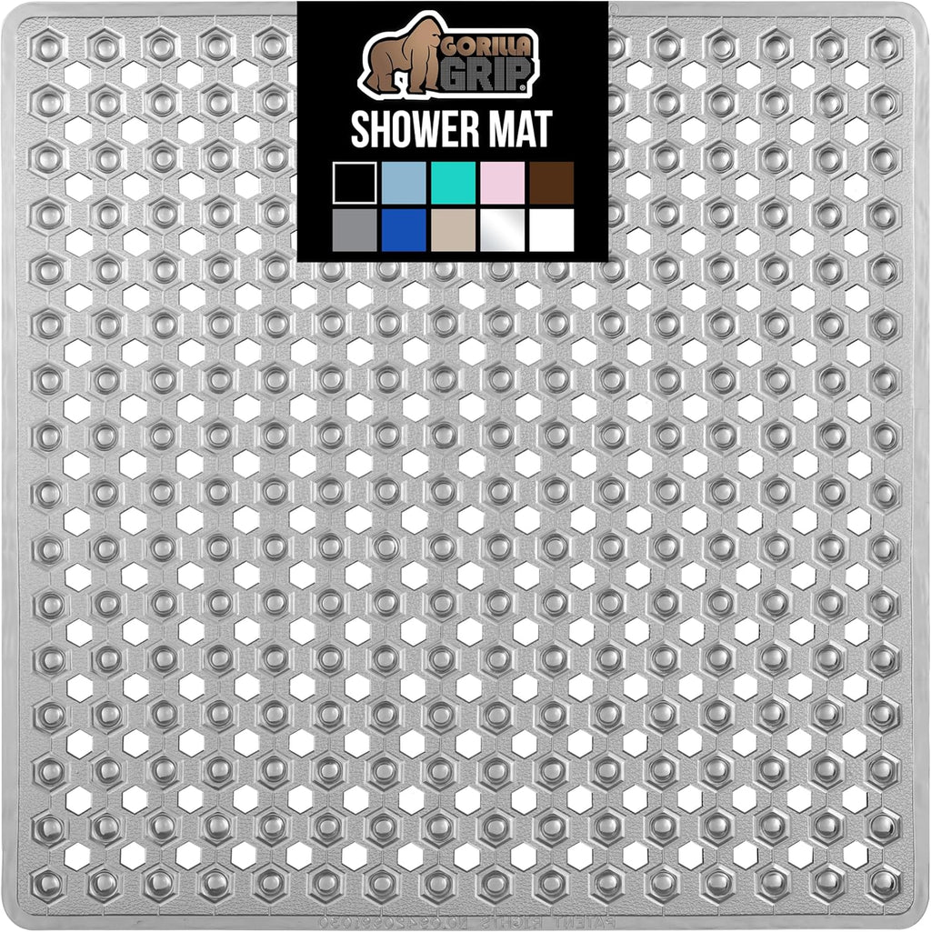 GORILLA GRIP Patented Square Shower Stall Mat, Small Bathtub Floor Mats for Stand Up Showers with Suction Cups and Drainage Holes, Machine Washable, Soft on Feet, Bathroom Accessories 21x21 Inch, Gray