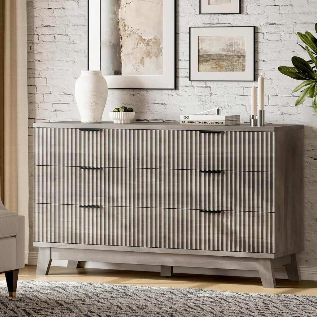 Fluted Dresser with 6 Drawers, 54" Wide Modern Chest of Drawers with Metal Handle, Wooden Dresser TV Stand, Wood Closet Clothes Storage Organizer for Bedroom, Living Room, Hallway, Light Grey