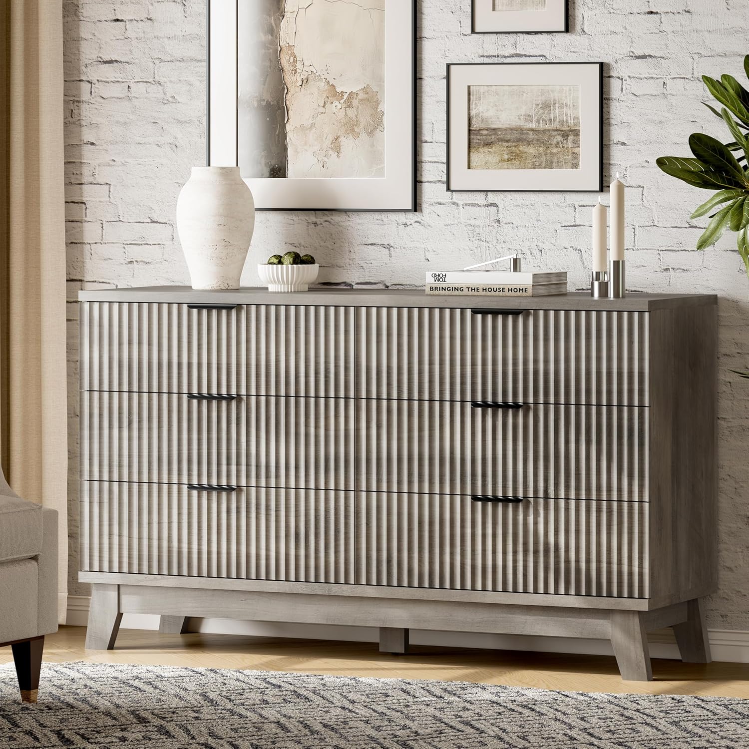 Fluted Dresser with 6 Drawers, 54" Wide Modern Chest of Drawers with Metal Handle, Wooden Dresser TV Stand, Wood Closet Clothes Storage Organizer for Bedroom, Living Room, Hallway, Light Grey