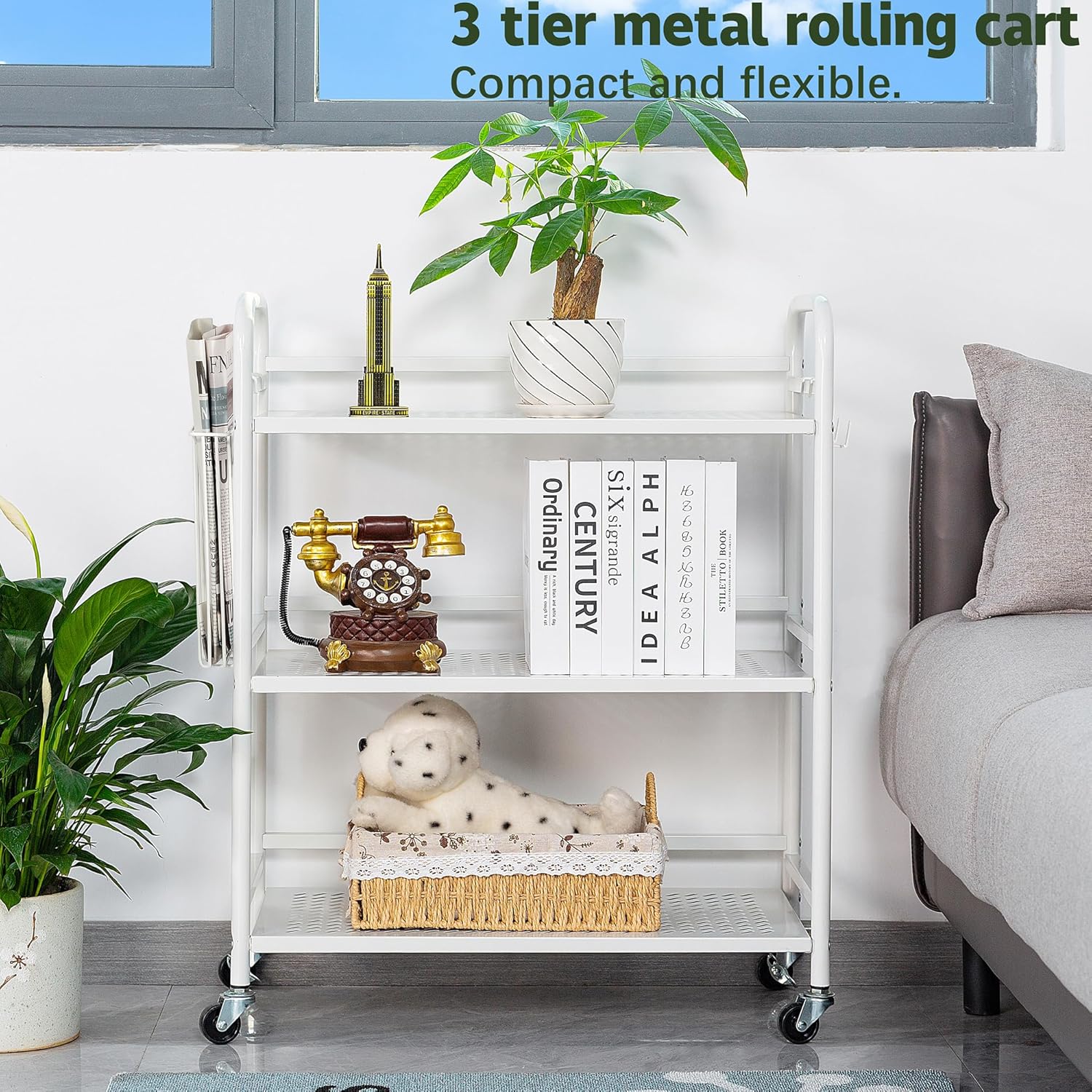 HDANI 3 Tier Metal Mesh Utility Cart,Large Capacity Multipurpose Heavy Vehicle,Rolling Trolley with to Hooks and One Basket(White)