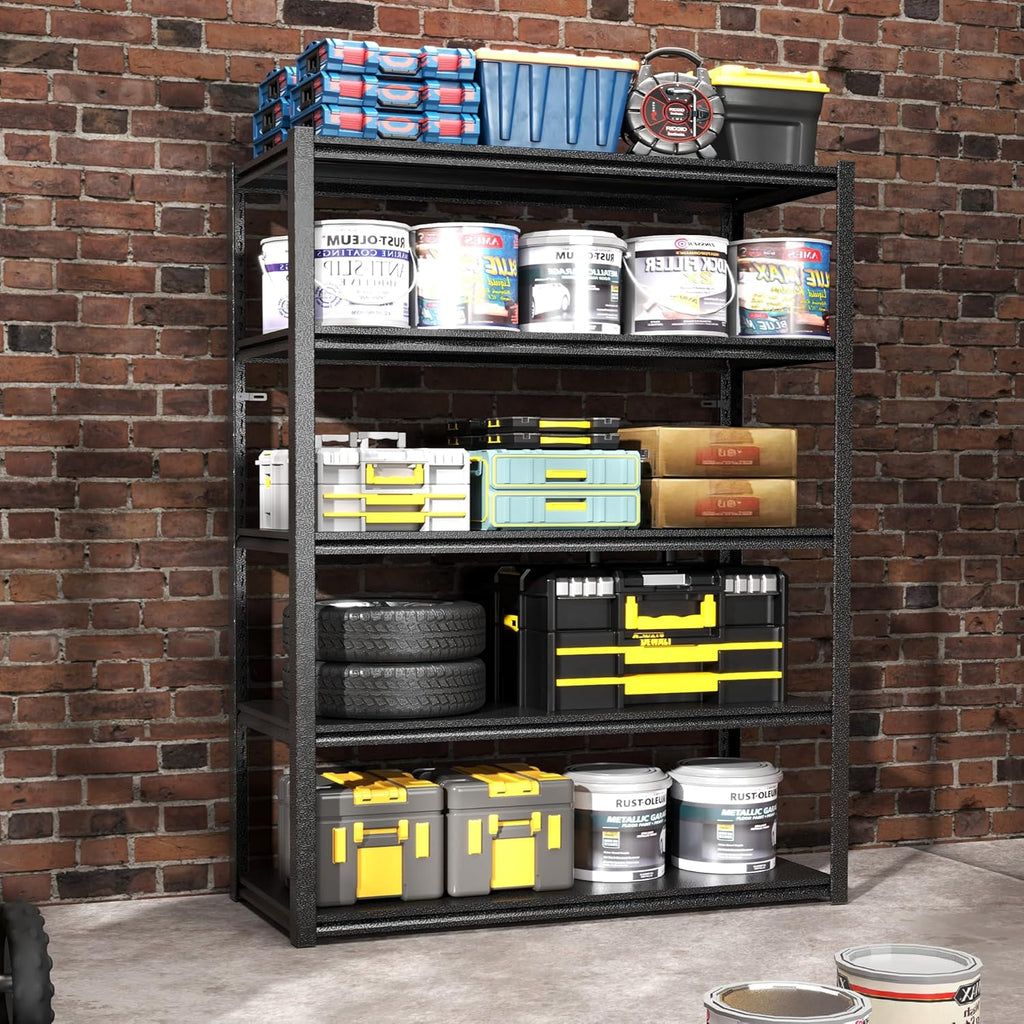 78" H Garage Shelving, Metal Storage Shelves, 3000LBS Heavy Duty Shelving, Adjustable 5 Tier Storage Rack, Industrial Utility Shelf for Garage, Warehouse, Kitchen,18" D×47.5" W×78" H, Black