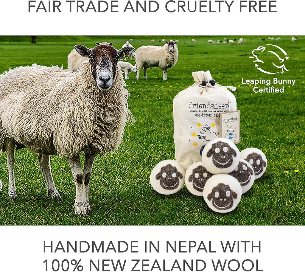 Wool Dryer Balls by Friendsheep 6 Pack XL Organic Premium Reusable Cruelty Free Handmade Fair Trade No Lint Fabric Softener Brown Sheep "Flock of Friends"