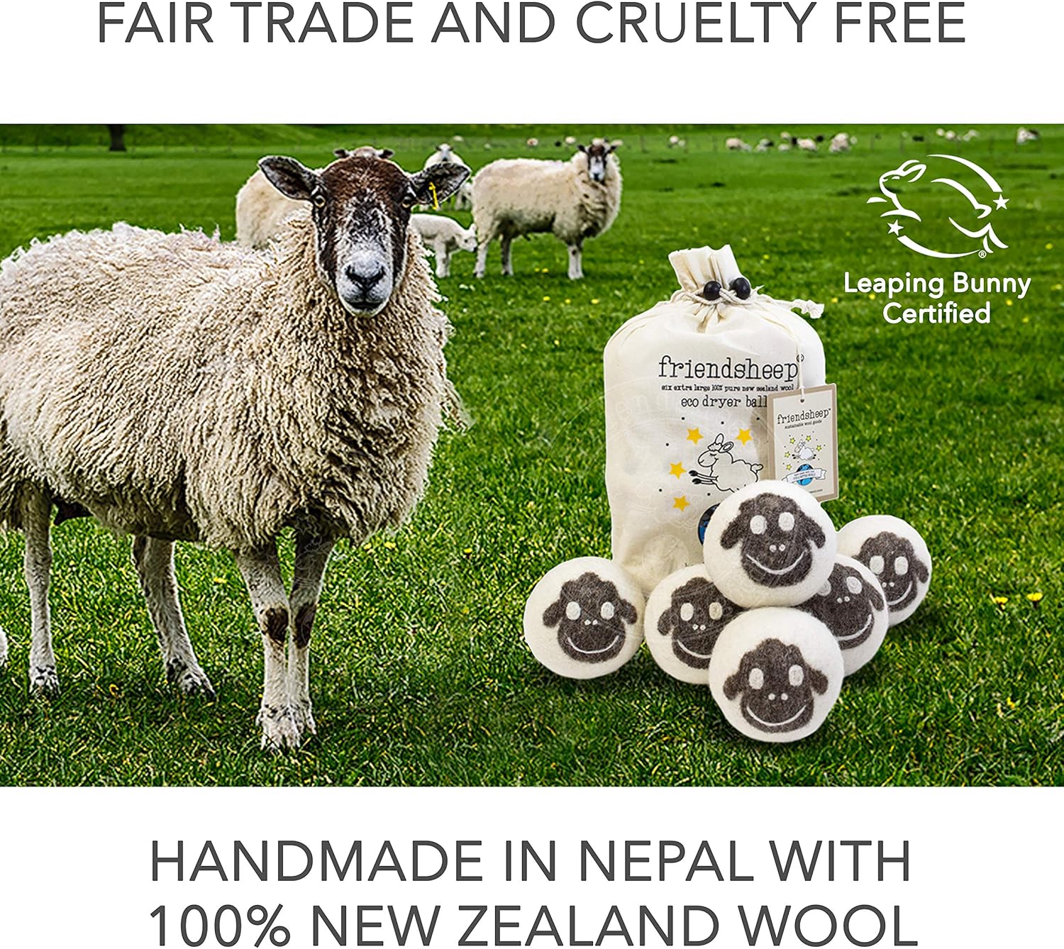 Wool Dryer Balls by Friendsheep 6 Pack XL Organic Premium Reusable Cruelty Free Handmade Fair Trade No Lint Fabric Softener Brown Sheep "Flock of Friends"