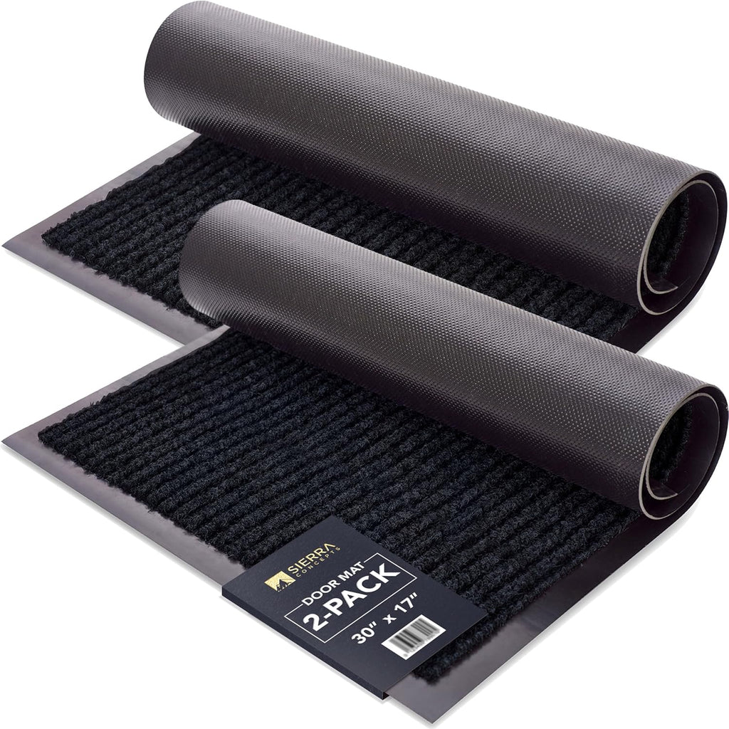 Sierra Concepts 2-Pack Front Door Mat Ribbed Black - Indoor Outdoor Floor Doormat Entryway Welcome Mats - Entrance Shoe Scraper, Entry Inside Outside Garage, 30" x 17"
