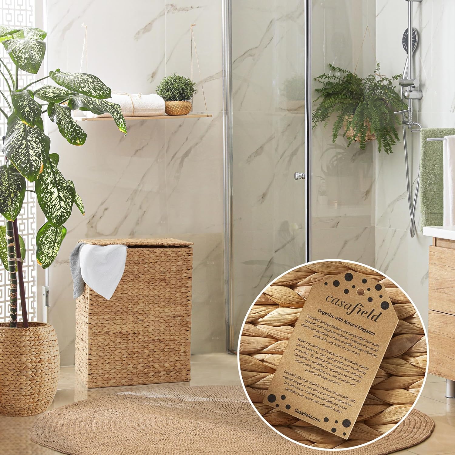 Casafield Large Laundry Hamper with Lid and Removable Liner Bag - Natural, Woven Water Hyacinth Rectangular Laundry Basket Sorter for Clothes and Towels
