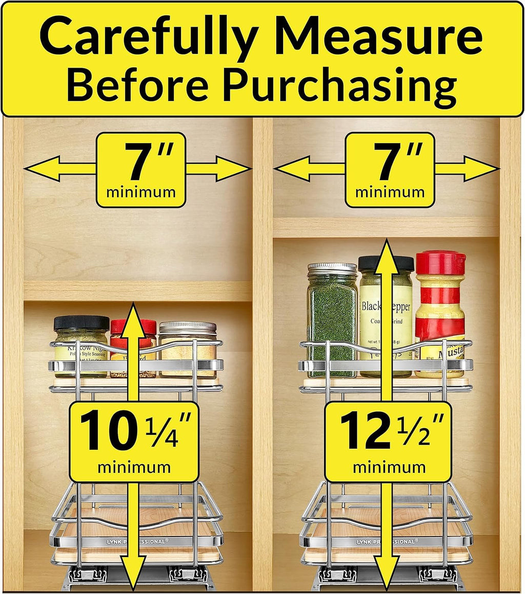 LYNK PROFESSIONAL® Élite™ Pull Out Spice Rack Organizer for Inside Kitchen Cabinets - 6-1/4 inch Wide - Slide Out Drawer – Wood/Chrome Sliding Spice Cabinet Organization Shelf Racks - 2 Tier
