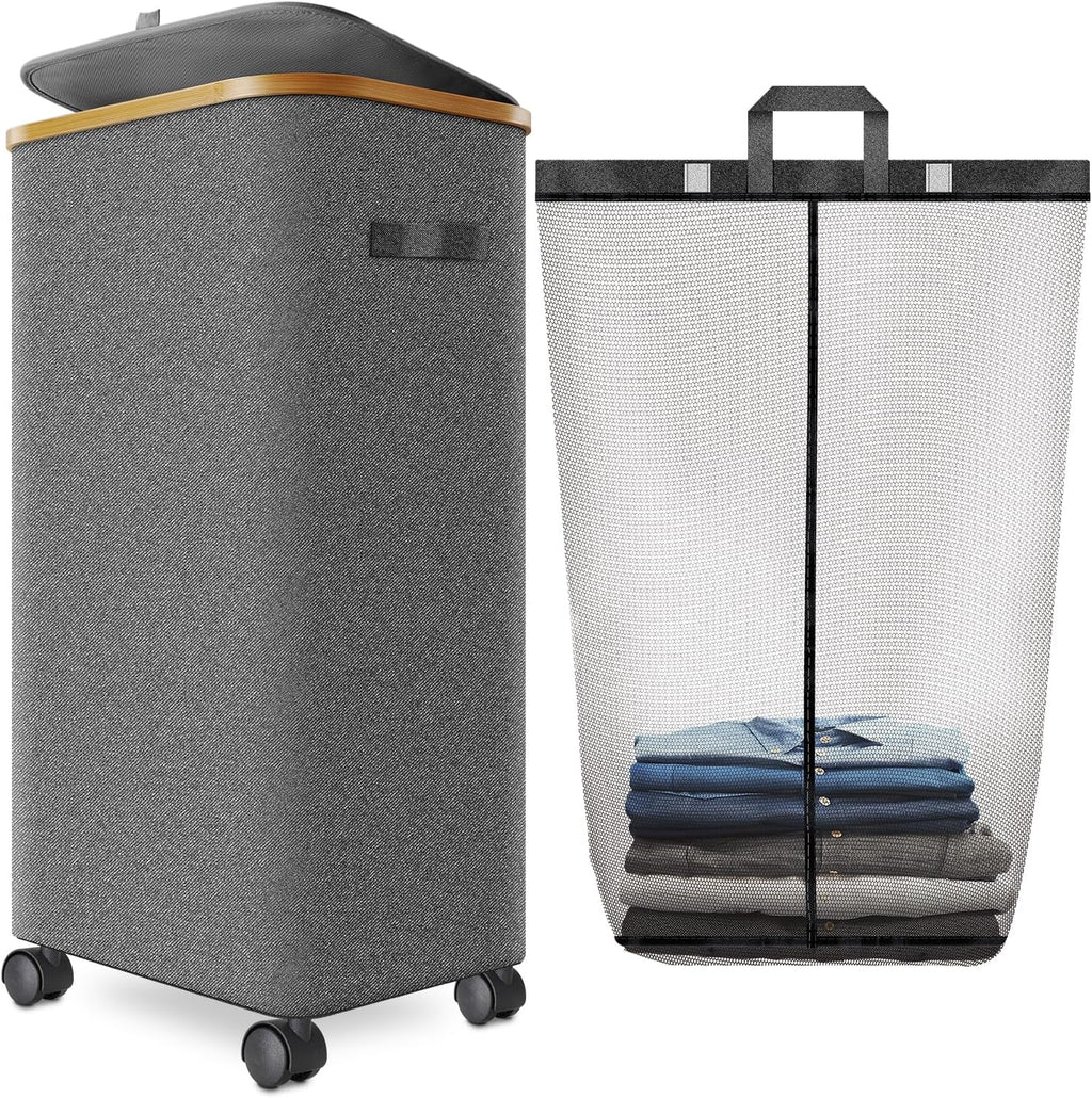 Laundry Hamper with Wheels,29 Gal (110L) Laundry Basket with lid Rolling Clothes Hamper Foldable Dirty Clothes Basket on wheels with Bamboo Frame and Bag for Bedroom, Dorm, Laundry Room-Grey