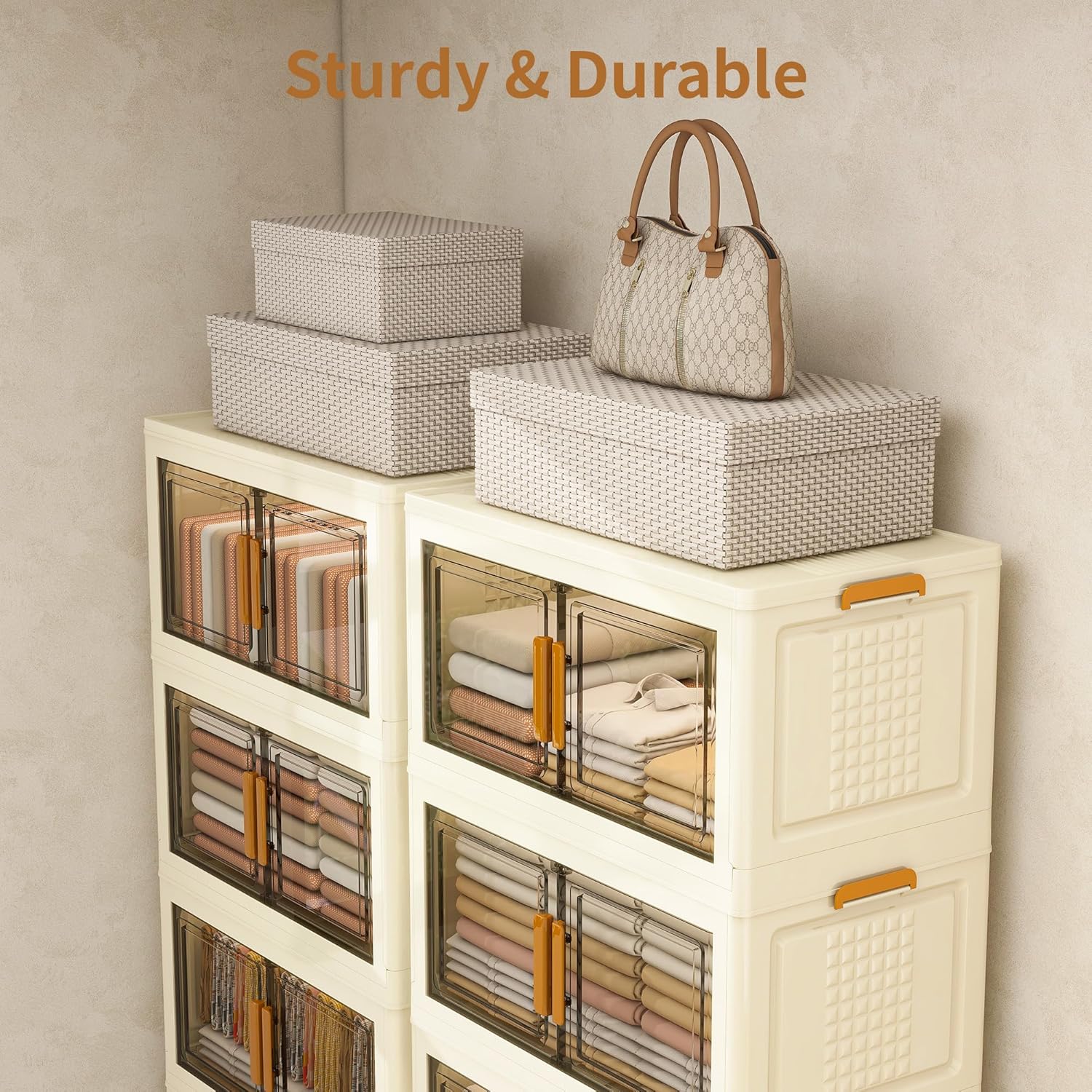 Plastic Stackable Storage Bins with Lids and Wheels, Foldable Closet Organizers and Storage Containers for Bathroom, Collapsible Clear Drawer Storage Cabinet with Doors White 38Gal 4Tiers