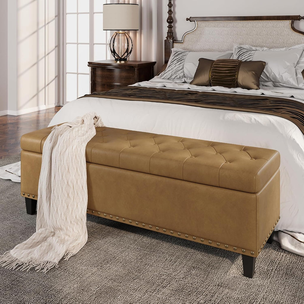 Storage Ottoman Bench, 51-Inch Large Storage Bench for Bedroom End of Bed, 30 Gallons Faux Leather Ottoman for Bedroom, Living Room, Entryway, Hallway, Camel
