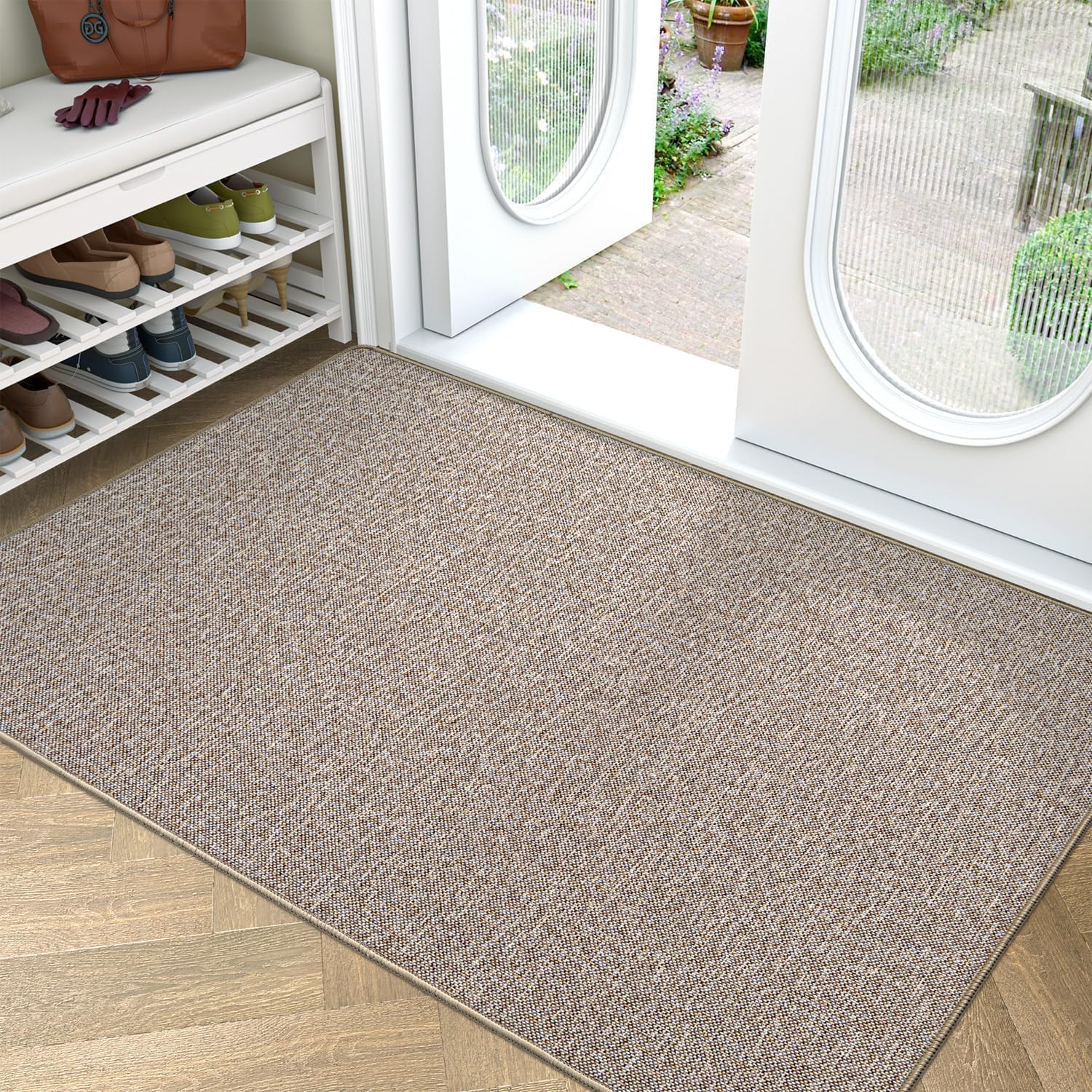 LUMI Ultra Thin Door Mat for Entryway, 32"x48" Low Profile Non Slip Rubber Backing Indoor Doormat, Easy Clean Welcome Entrance Mat for Inside House, Patio, Khaki