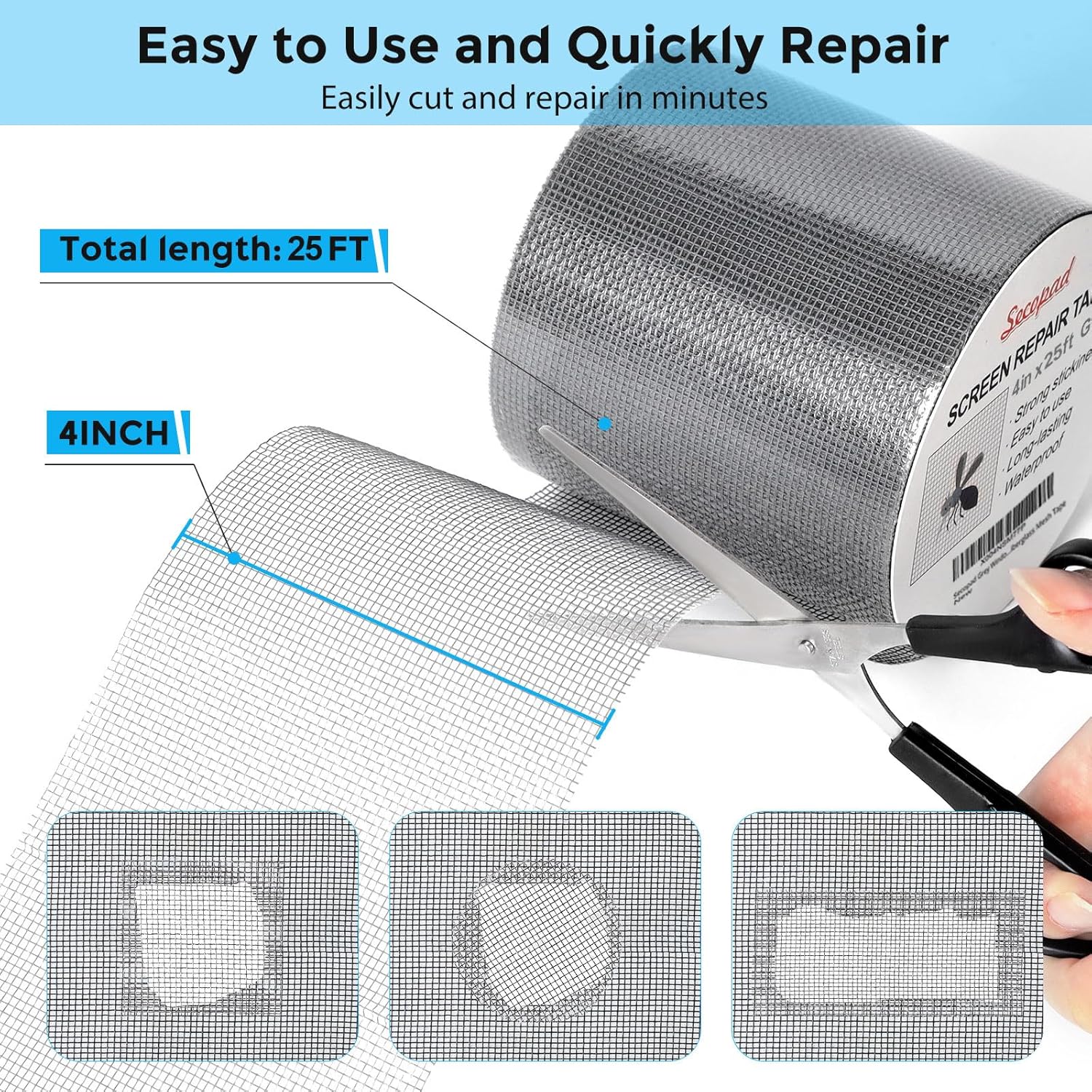Grey Window Screen Repair Tape, 4IN X 25FT (300IN) Screen Repair Kit for Windows or Doors, Strong Adhesive Patch Kit Fiberglass Mesh Tape