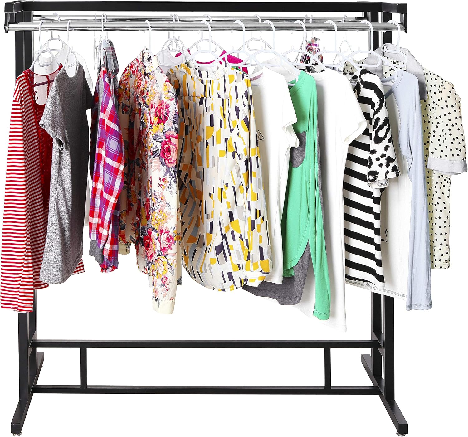 MyGift Black Stainless Steel Freestanding Garment Rack, Heavy Duty Double Rod Clothes Rack Clothing Hanger Stand with Storage Display Shelf