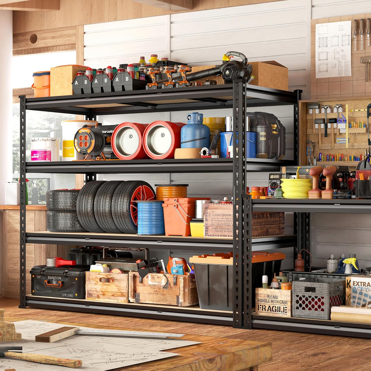 REIBII 48" W Garage Shelving Heavy Duty, 2000LBS Storage Shelves, 4 Tier Adjustable Metal Shelves for Garage Shelving Sturdy Industrial Shelf, Easy Assemble, 48" W x 60" H x 18" D