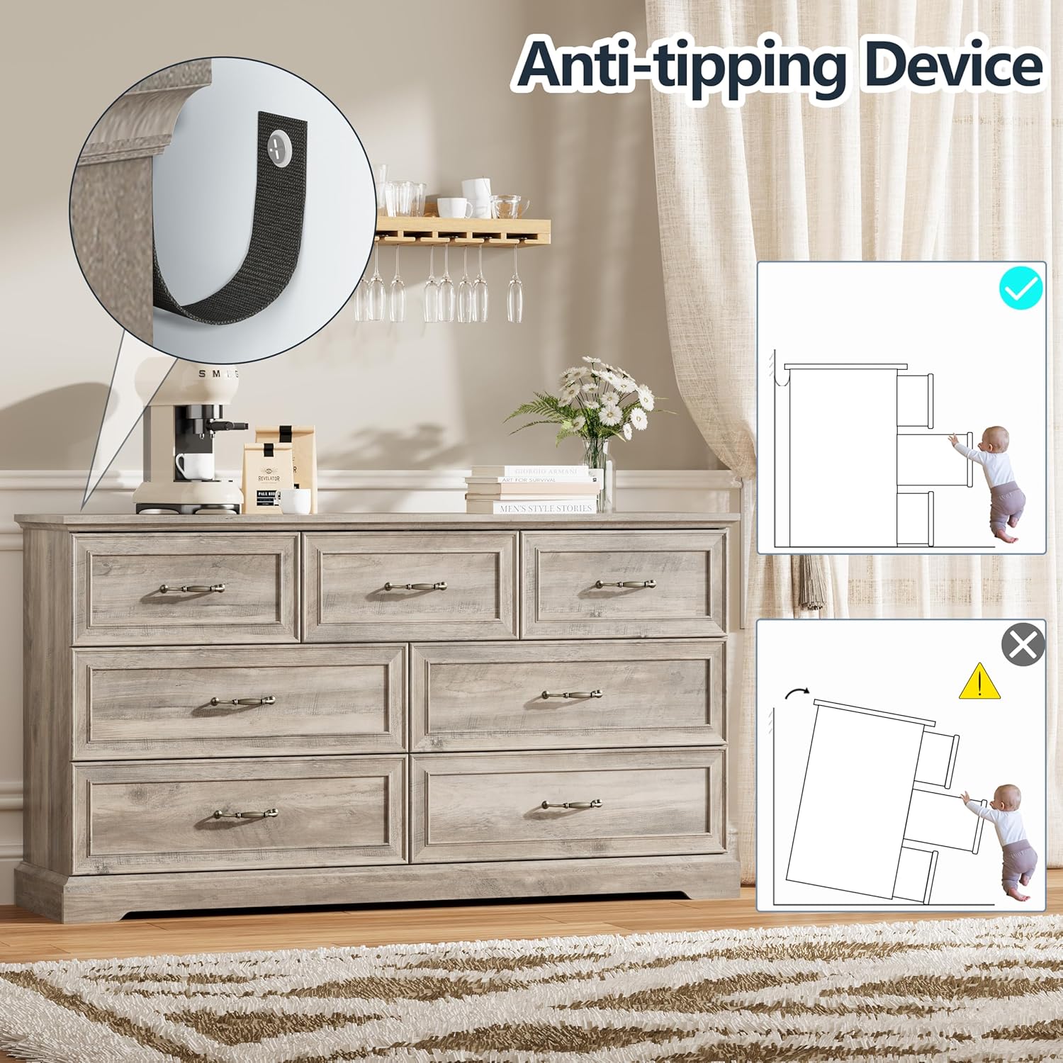 7 Drawer Dresser for Bedroom, 57" Wide Wooden Chest of Drawers, Rustic Farmhouse Dresser with Large Drawers & Metal Handles, Modern Storage Organizer for Closet, Living Room, Hallway, Grey