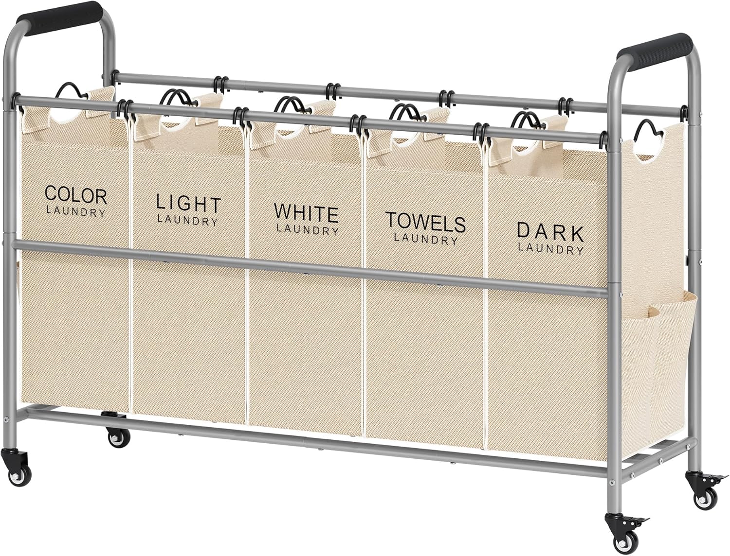 Tajsoon Laundry Sorter 5 Sections, Laundry Hamper with Heavy Duty Lockable Wheels and Removable Bags, 5 Bag Rolling Laundry Sorter Cart for Dirty Clothes Storage, Laundry Separator Hamper, Beige