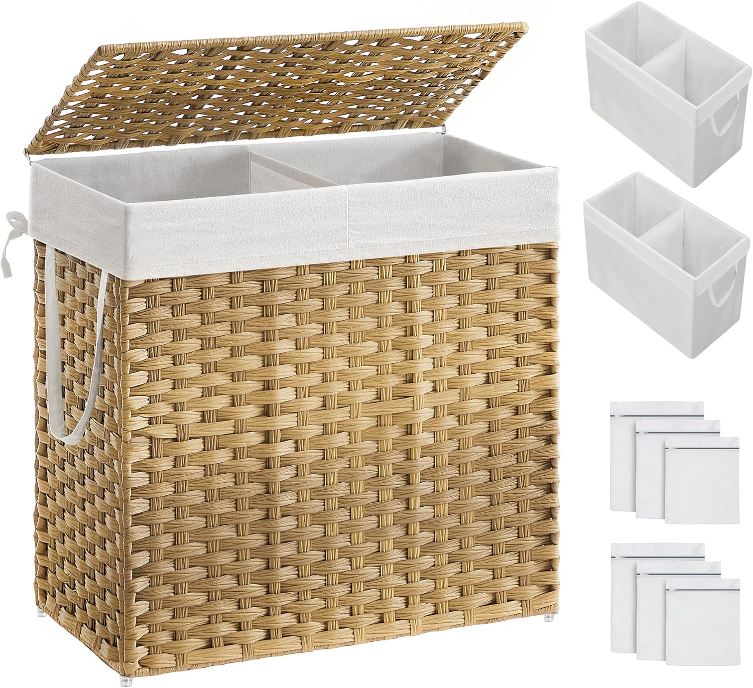 SONGMICS Laundry Hamper with Lid, 130L Clothes Hamper with 2 Removable Liner Bags, 6 Mesh Bags, Wicker Laundry Basket, Double Laundry Hamper for Bathroom, 13 x 26 x 23.6 Inches, Natural ULCB253N01