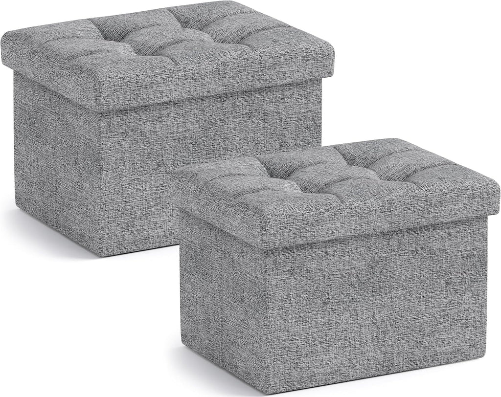 Ornavo Home Small Storage Ottoman, Set of 2, Foldable Collapsible Rectangle Linen Ottoman Foot Rest Stool Seat, for Living Room, Bedroom, Home Office, Dorm - 12 x 16 x 12, Gray