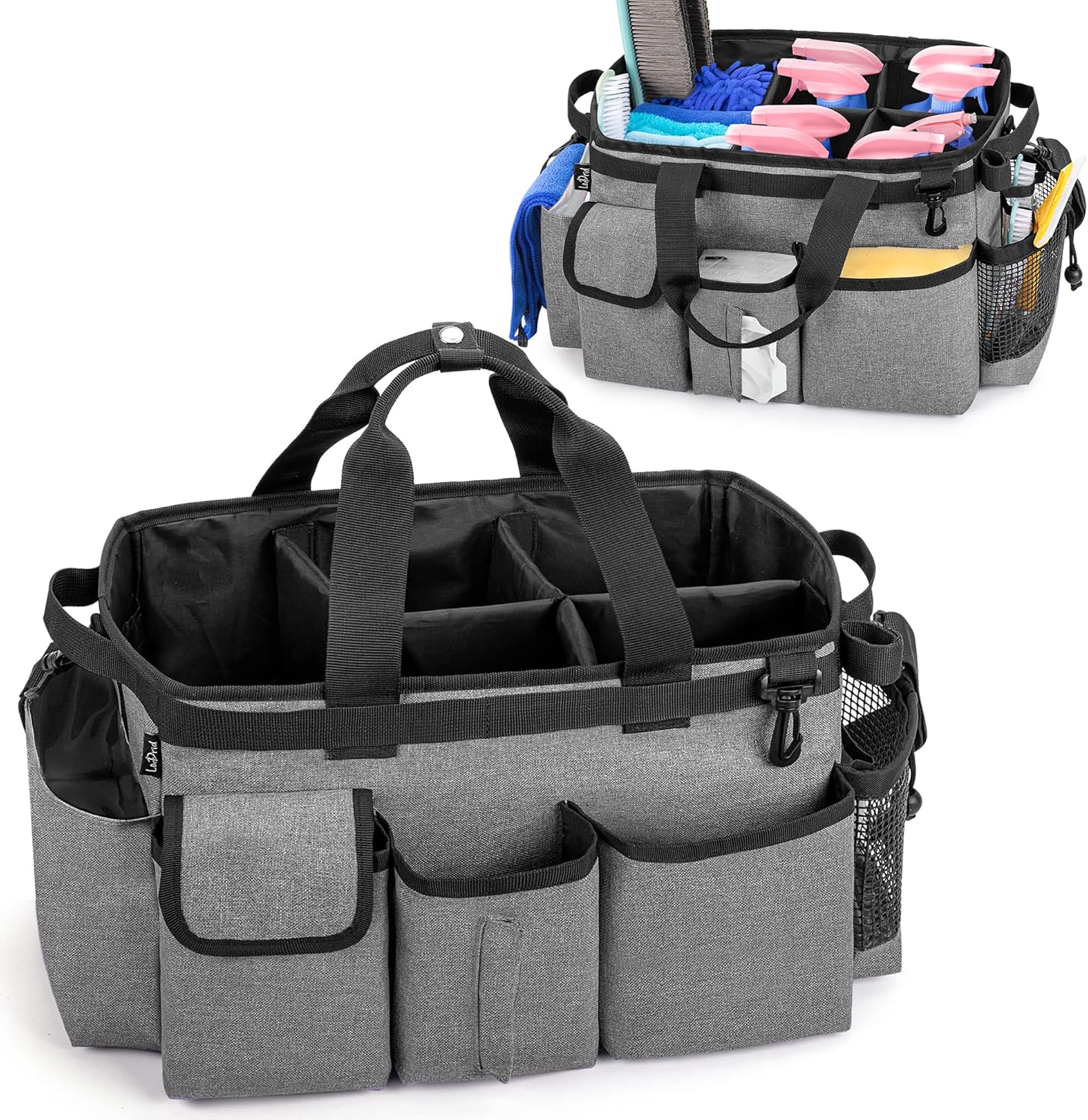 LoDrid Large Wearable Cleaning Caddy Bag with Detachable Divider, Cleaning Organizer with Handles, Cleaning Supply Tote with Adjustable Shoulder Strap for Cleaners & Housekeepers, Grey