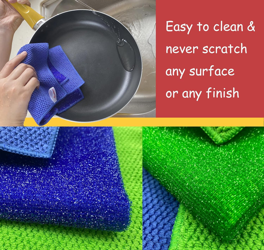 Microfiber Scrub Dish Cleaning Cloth, Non-Scratch, Reusable & Durable for Pan Pot Dish Cooktop Counter Kitchen Household, Machine Washable, 4-Pack, 11.5 x 11.5 inch, Blue & Green Color Assorted