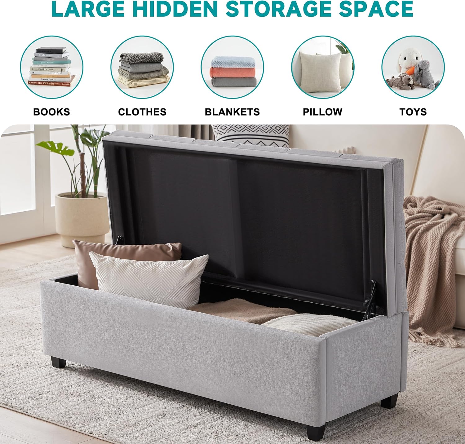 50" Storage Ottoman Bench, Tufted Ottoman with Storage for Living Room, Large End of Bed Ottomans, Modern Entryway Benchs, Window & Bedroom Benches for Foot of Bed (LightGray)