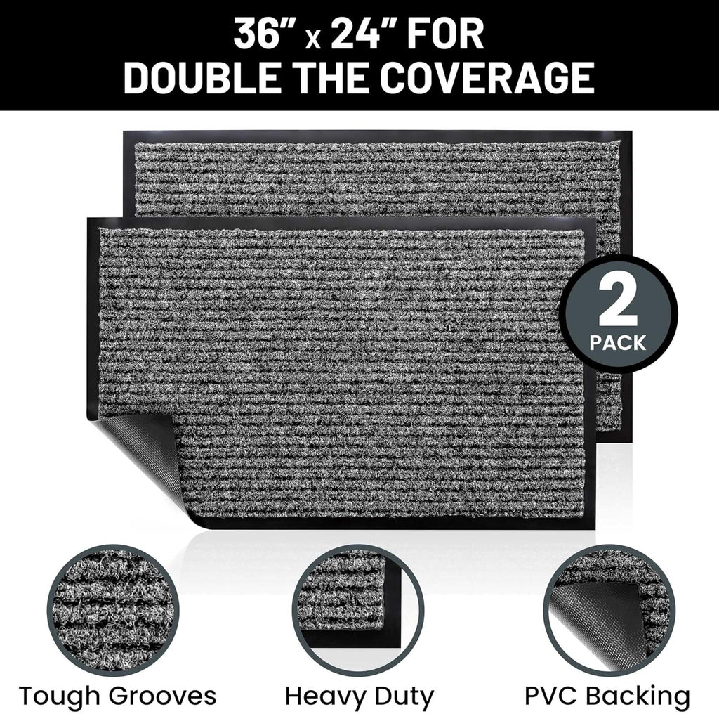 Sierra Concepts Front Door Mat Welcome Floor Mats - Entryway Indoor Outdoor Entrance Doormat, Patio, Porch, Muddy Shoe, Inside Outside Low Profile, Large 36x24 inches, 2-Pack Gray