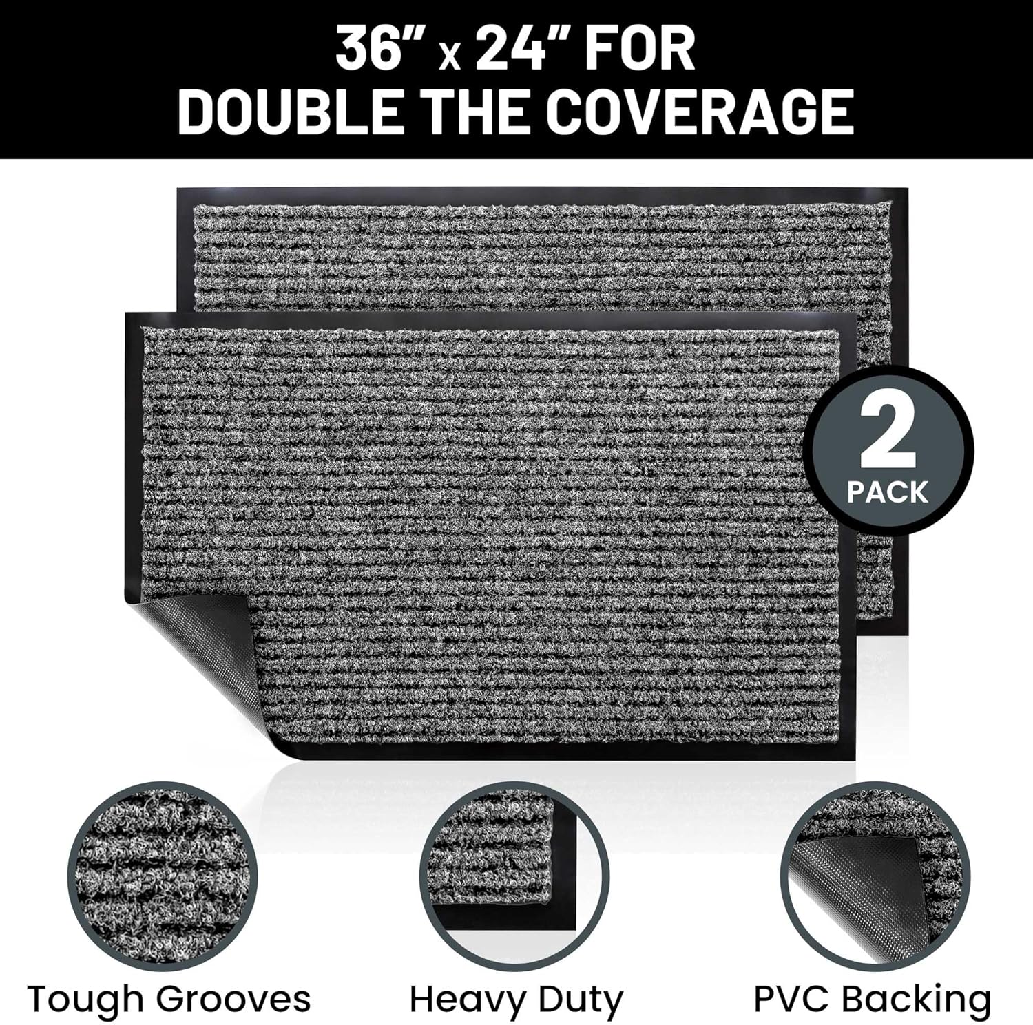 Sierra Concepts Front Door Mat Welcome Floor Mats - Entryway Indoor Outdoor Entrance Doormat, Patio, Porch, Muddy Shoe, Inside Outside Low Profile, Large 36x24 inches, 2-Pack Gray