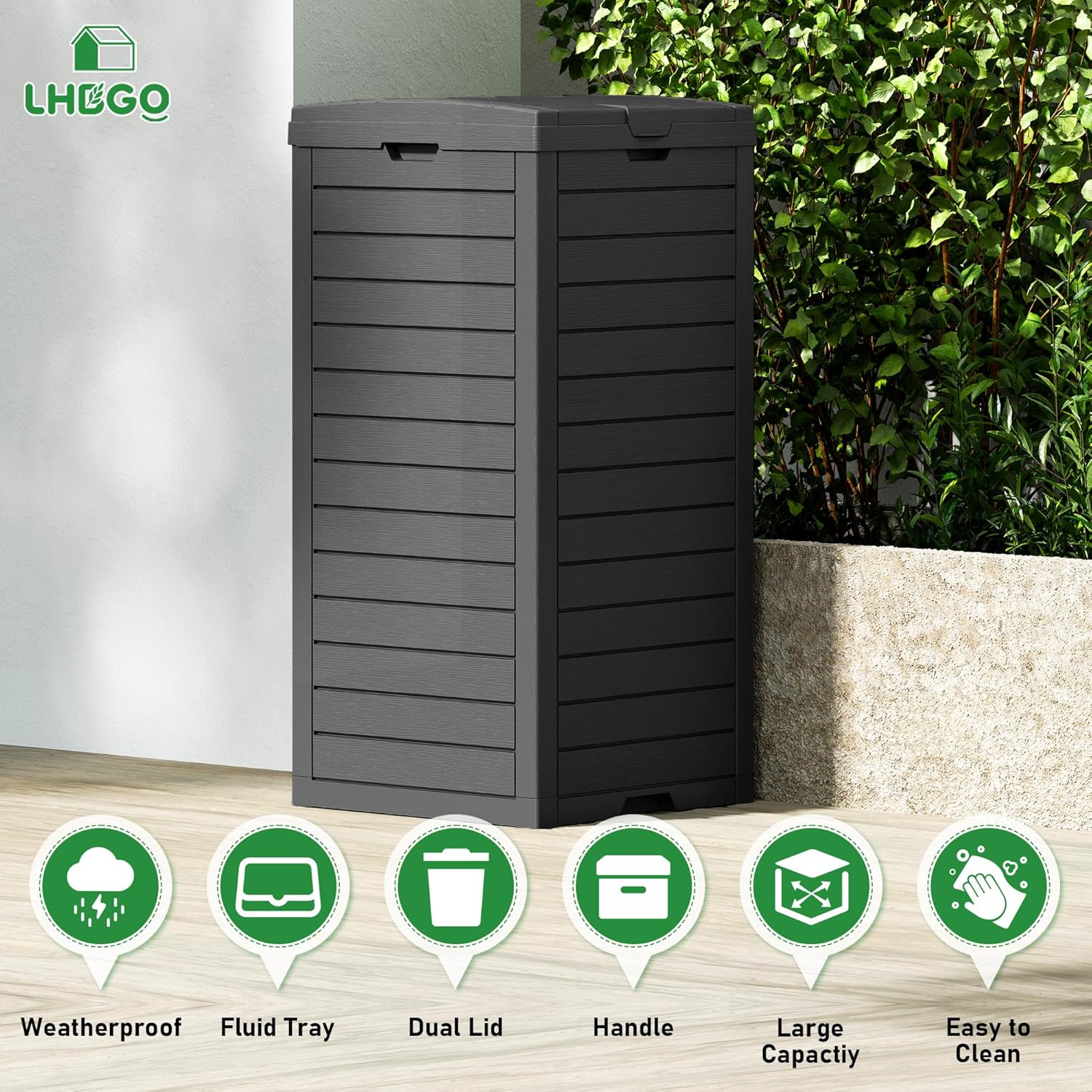 Outdoor Trash Can, 2 Set of 31 Gallon Garbage Can with Tiered Lid and Drip Tray, Waterproof Resin Patio Waste Bin for Garden, Backyard, Deck