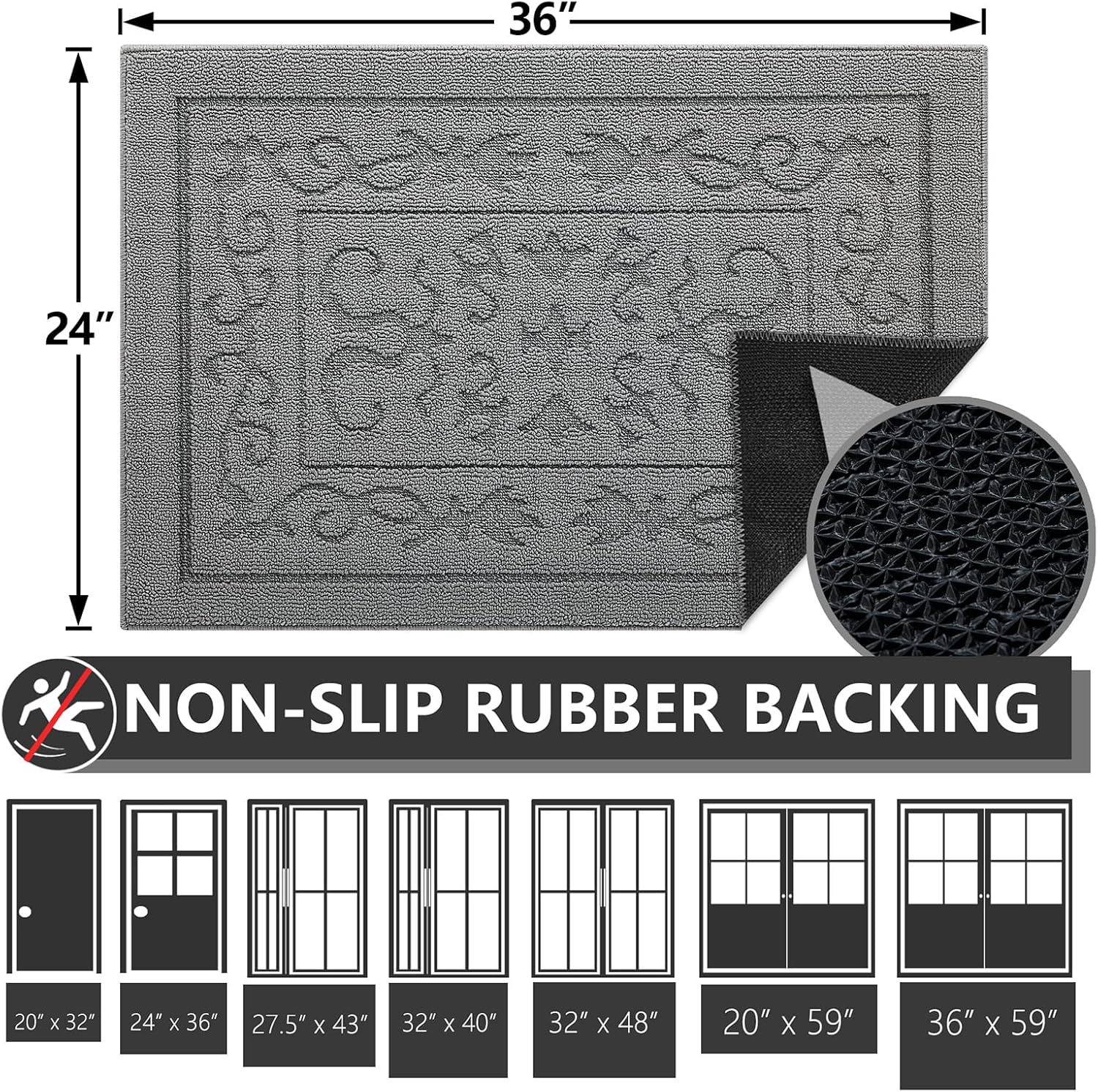 FONEYI Indoor Door Mat 24" x 36", Dirt Trapper Door Mats Non-Slip Entryway Rugs Washable, Absorbent Resist Dirt Welcome Mat, Low Profile Inside Floor Mats for Front Back Door and Entryway, Light Grey