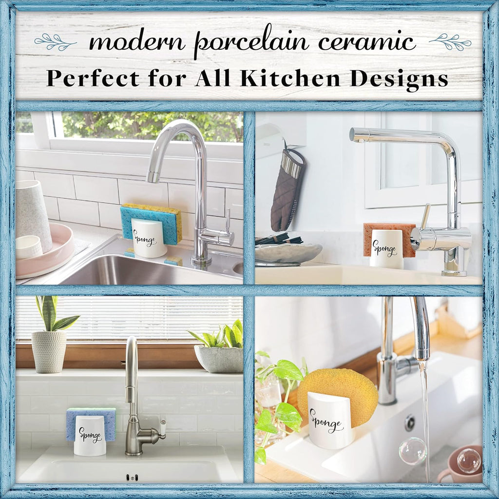 Home Acre Designs Sponge Holder for Kitchen Sink - Rustic Farmhouse Home & Kitchen Decor - White Ceramic