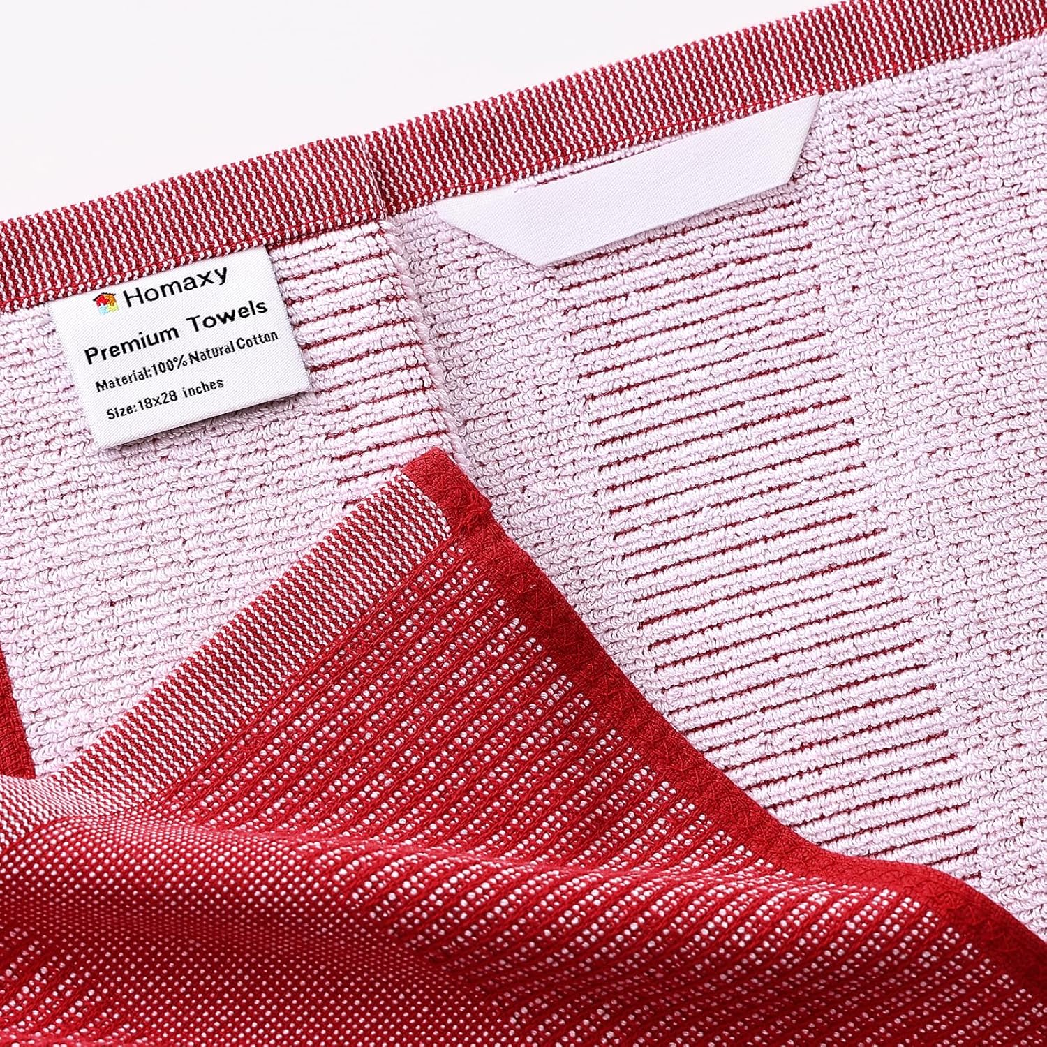 Homaxy Premium Kitchen Towels(18”x 28”, 6 Pack), Large Cotton Kitchen Hand Towels, Flat and Terry Dish Towels, 380 GSM Highly Absorbent Tea Towel Set with Hanging Loop, Red