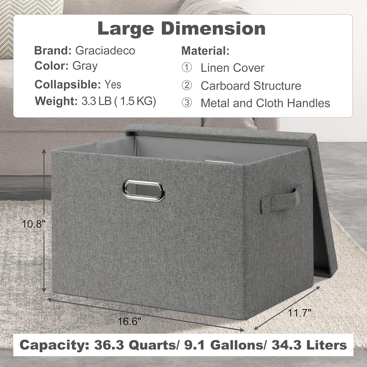 Large 17" 36 Quart Collapsible Stackable Storage Bins with Lids, 1 Pack Grey Foldable Fabric Closet Storage Boxes with Lids, 4 Handles Heavy-duty Linen Cube Baskets for Bedroom