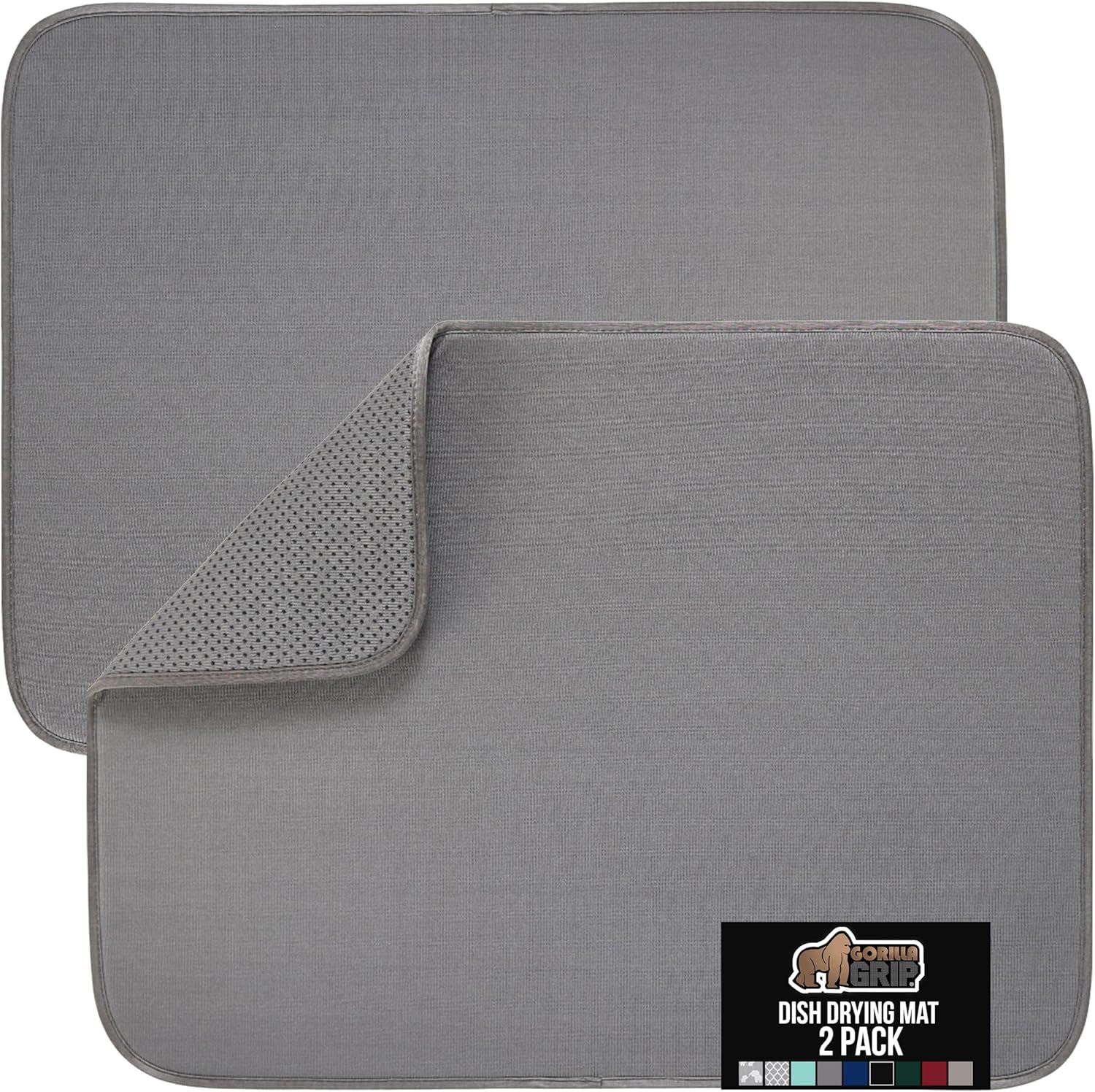 GORILLA GRIP Ultra Water Absorbent Microfiber Dish Drying Mat, 18x24, Quick Dry Thick Mesh, Slip Resistant Pad for Sink Dishes or Under Rack, Kitchen Counter Accessories, Machine Wash, 2 Pack Gray