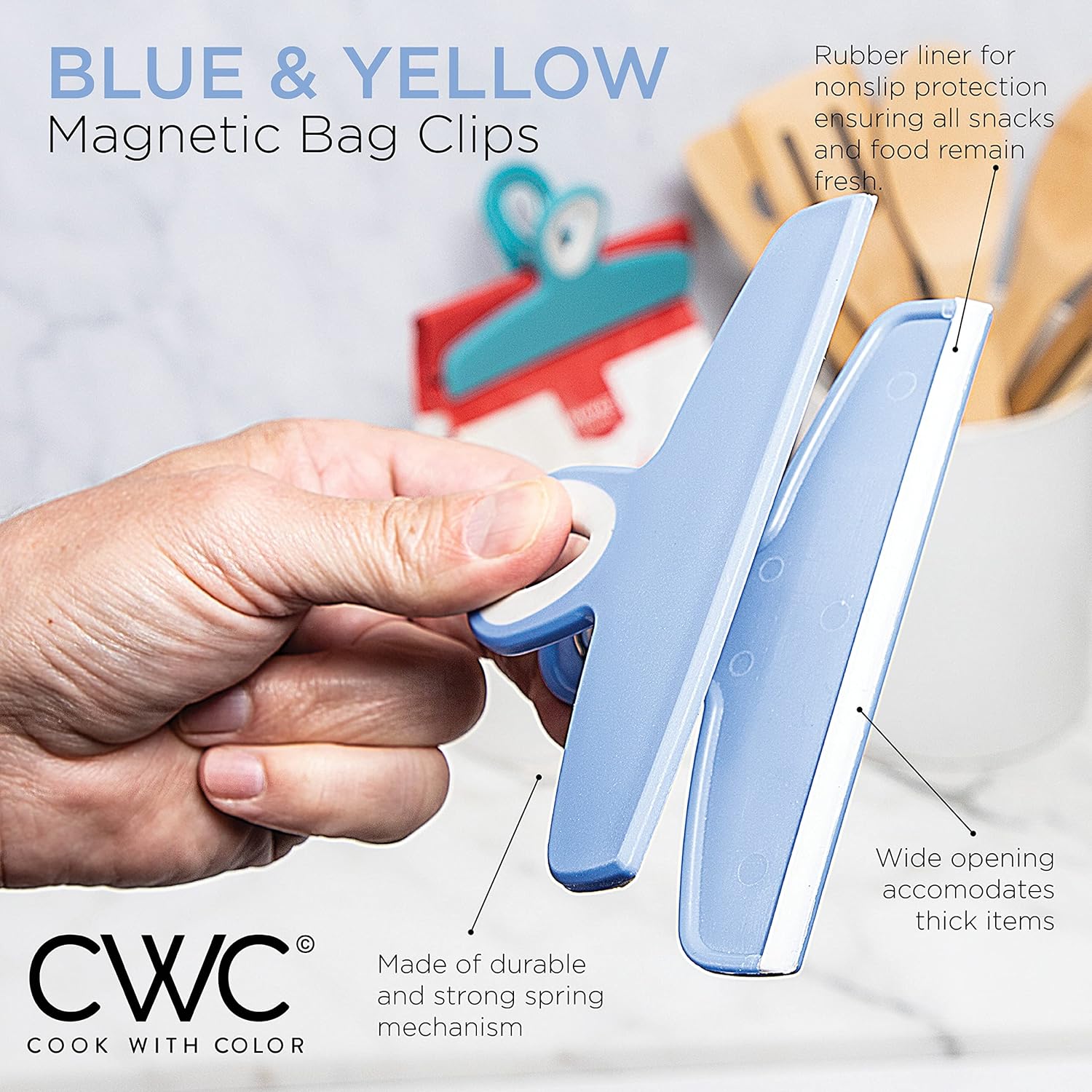COOK WITH COLOR Bag Clips - Heavy Duty Chip Clip and Refrigerator Magnet Clips for Food Storage with Air Tight Seal Grip, Yellow and Blue, Pack of 8