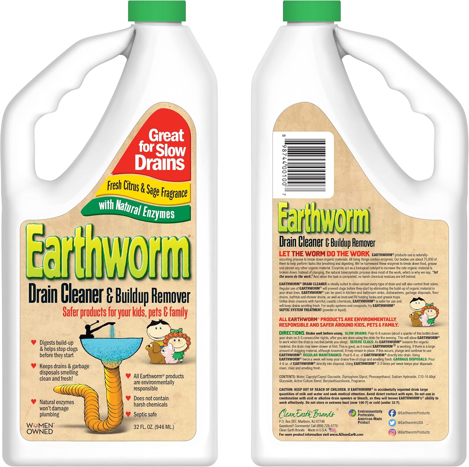 Earthworm Drain Cleaner - Drain Deodorizer - Natural and Safer for Families - Six (6) 32 oz Bottles
