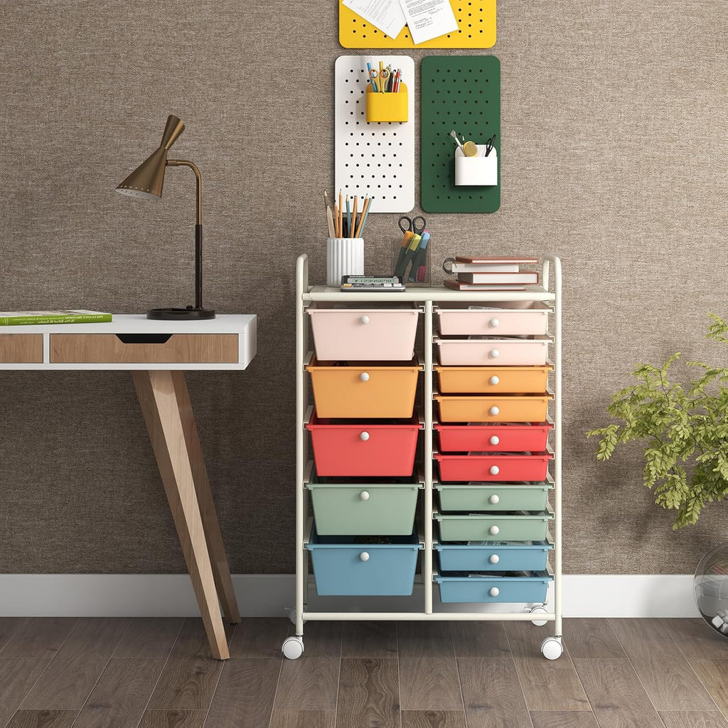 GOFLAME 15-Drawer Rolling Storage Cart, Multipurpose Movable Organizer, Utility Cart for Home, Office, School, Macaron Color